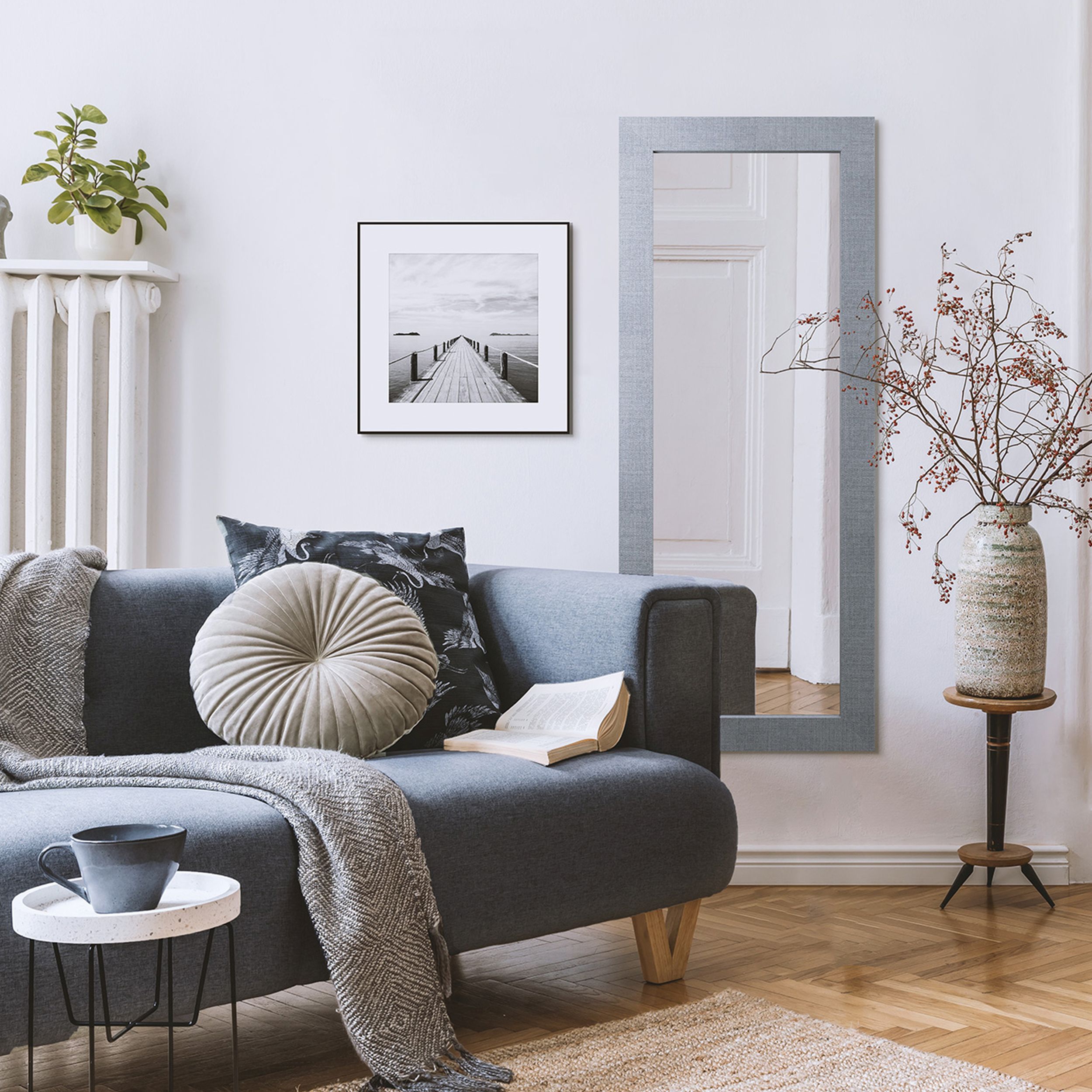 Styler Jyvaskyla lustro 148x56 cm prostokątne rama szaro-niebieskie płótno LU-12452 - Wysyłka w 24h