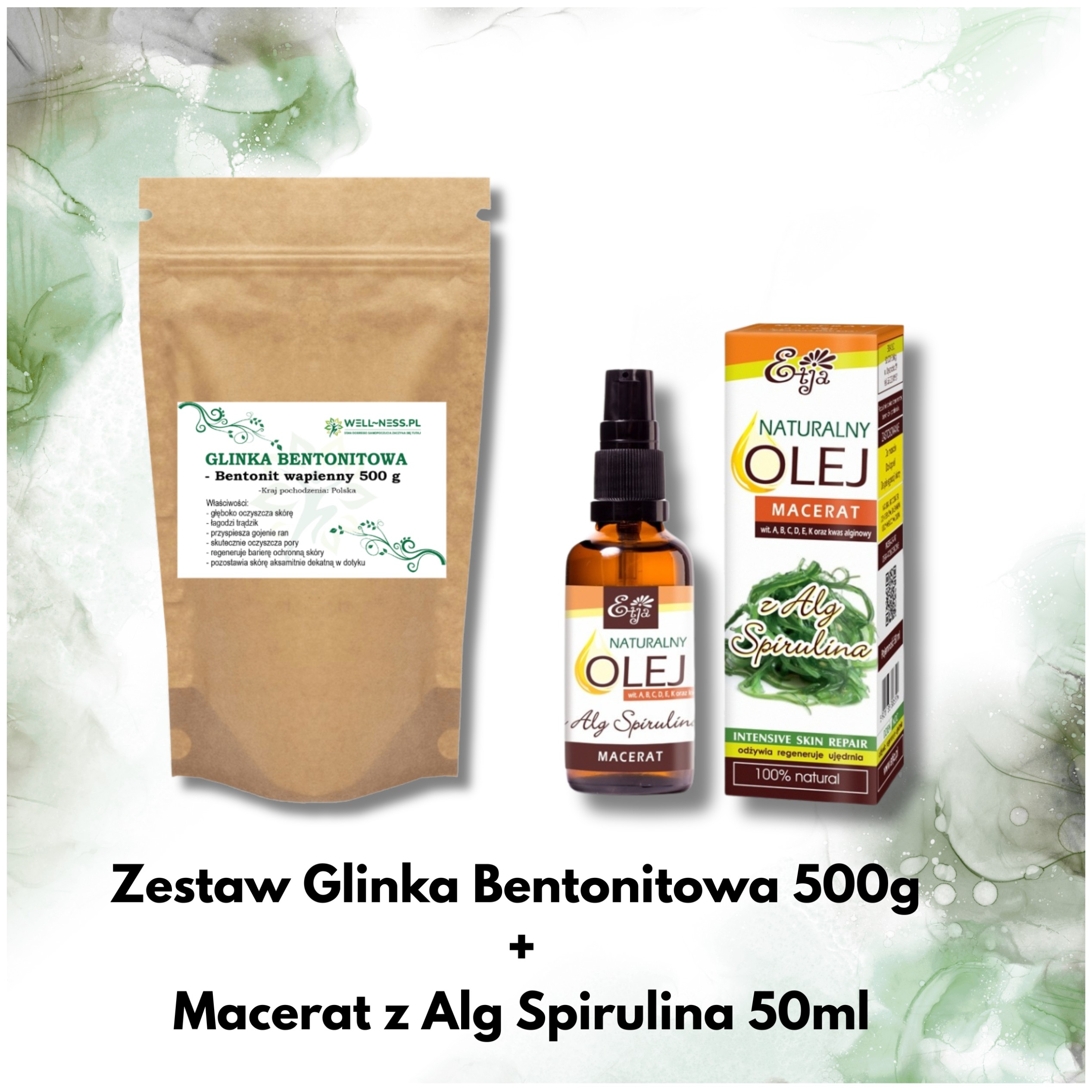 Zestaw Glinka Bentonitowa - bentonit wapienny 500g + Olej Macerat z Alg Spirulina 50 ml