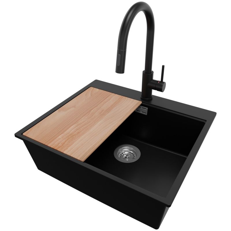 Zlewozmywak Granitowy Oslo PRIMAGRAN Nablatowy 58x50cm do szafki od 60cm, Czarny + Bateria 40x20cm + Syfon + Deska, 1 szt.