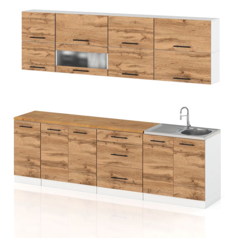 Zestaw Kuchenny Hurtownia-Mebli Z Blatem Kuchnia Robo Lux 260cm Biały Mat Dąb Wotan 260x52x157 cm 1szt.