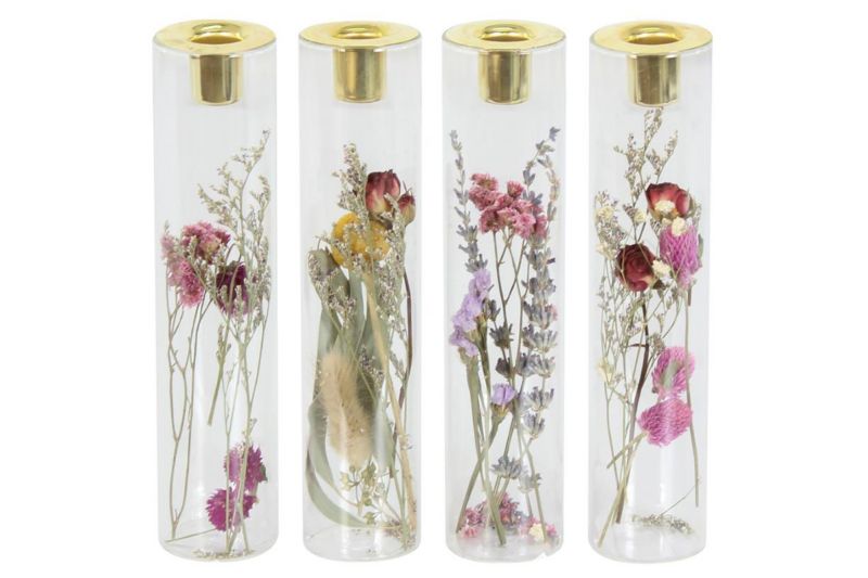 Świecznik szklany suszone kwiaty 23 cm