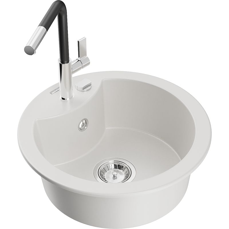 Zlewozmywak granitowy 1-komorowy Mexen Diego z baterią kuchenną Flora biały 6512-20-670401-07