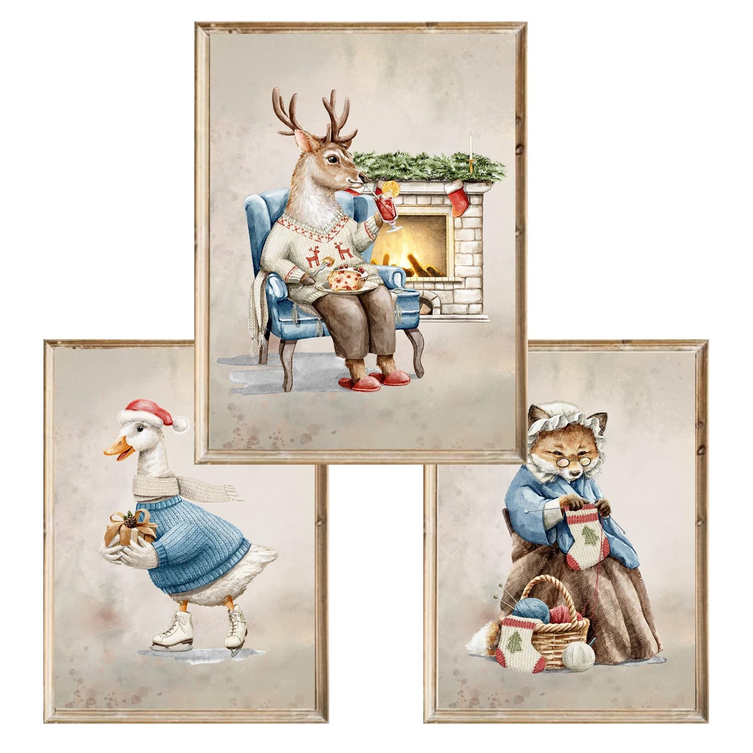 Zestaw trzech plakatów dla dzieci Vintage Christmas Animals 2