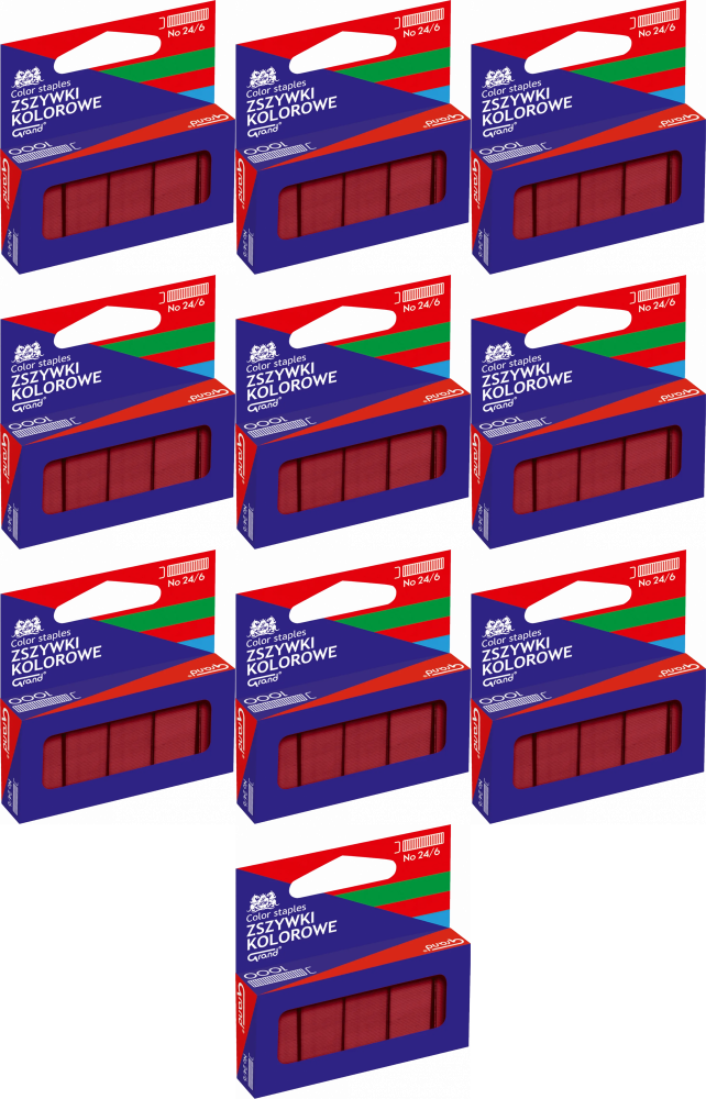 10x Zszywki kolorowe Grand, 24/6, 1000 sztuk, czerwony