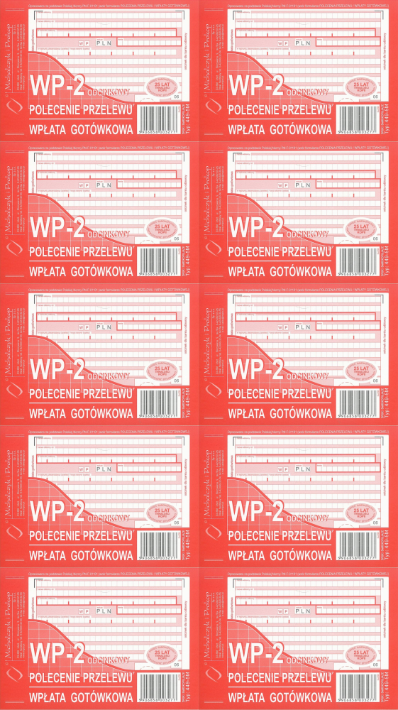 10x Druk akcydensowy Polecenie przelewu/wpłata gotówkowa MiP 449-5M, A6, 1 kopia, 80k