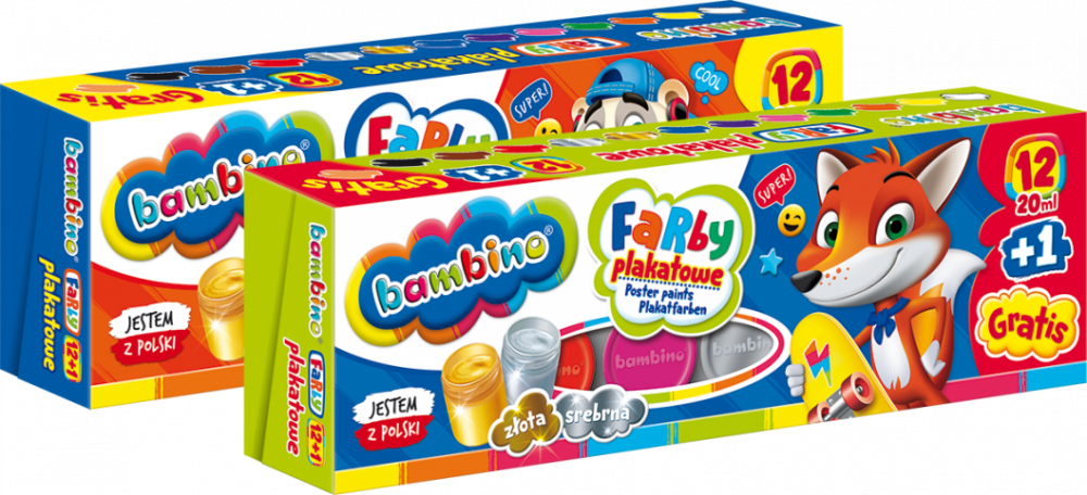 2x Farby plakatowe Bambino Zwierzaki Uczniaki, 20ml, 12 sztuk + cielista Gratis, mix kolorów