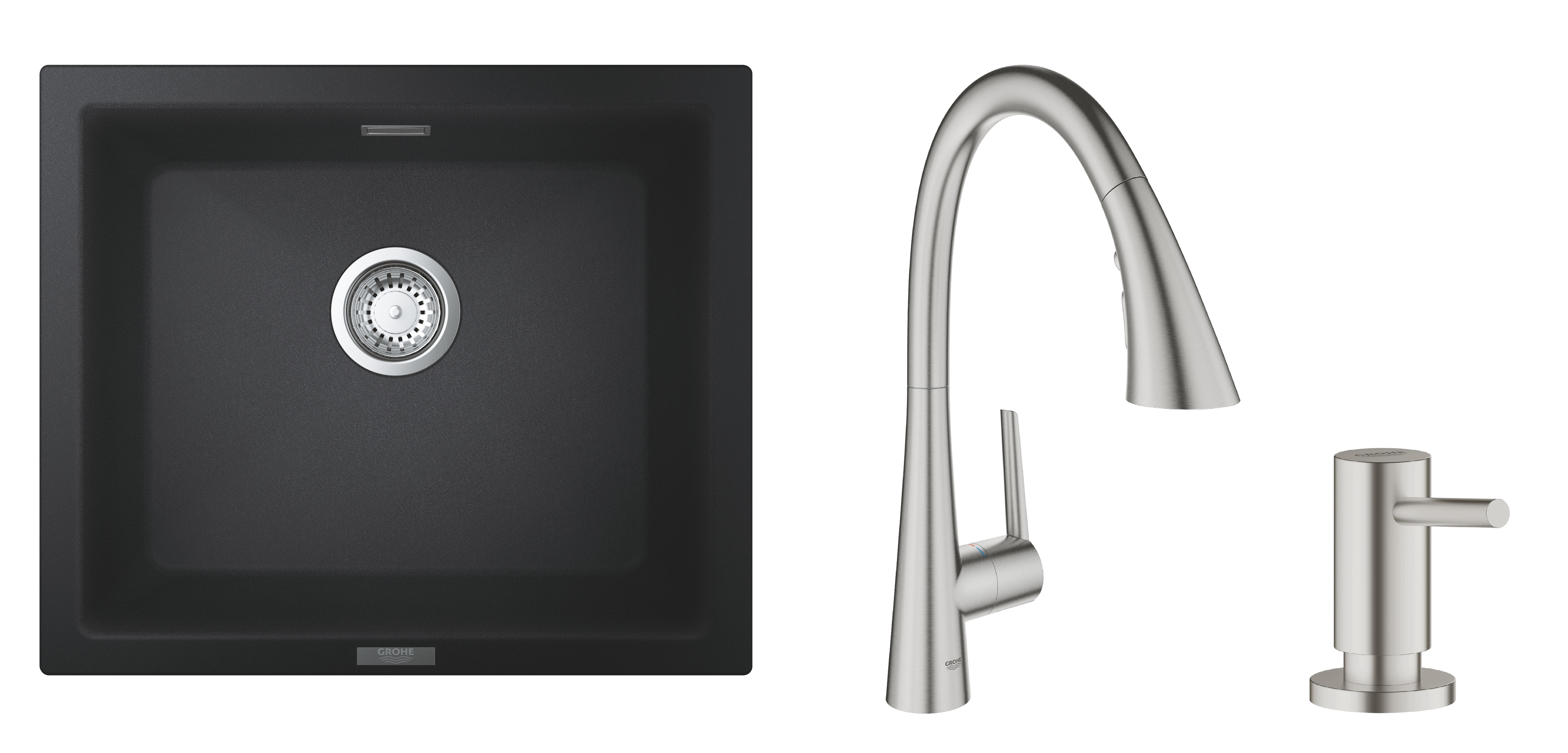 Zestaw Grohe K700U zlewozmywak granitowy 53,3x45,7 cm z baterią Grohe Zedra i dozownikiem Grohe Cosmopolitan czarny/stal nierdzewna ... - Wysyłka w 