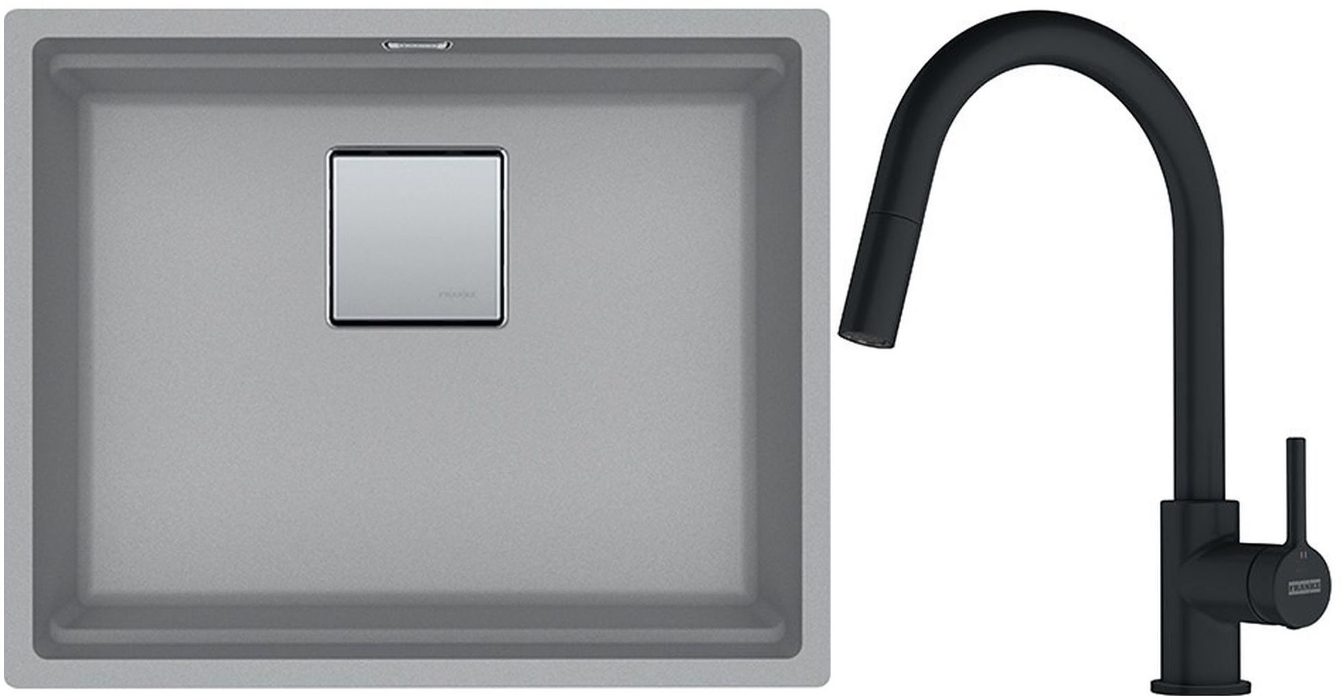 Franke Kanon KNG 110-52 zlewozmywak 52x42 cm Fragranite kamienny szary z baterią kuchenną Lina Pull-Out czarny mat (1250528615, ...