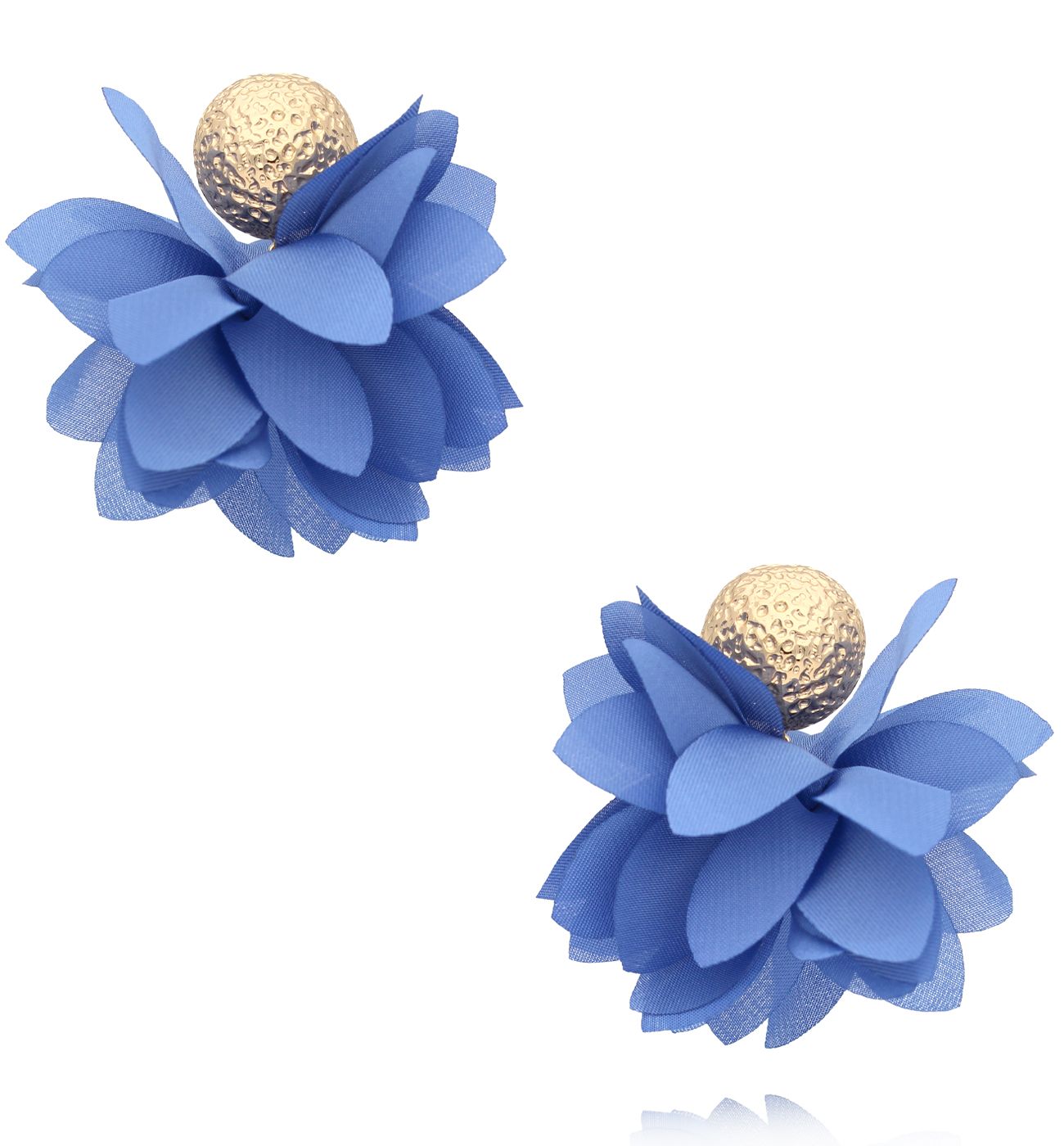 Kolczyki niebieskie materiałowe ze złotą kulką KBL2015