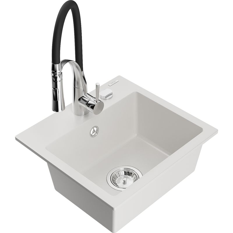 Zlewozmywak granitowy 1-komorowy Mexen Milo z baterią kuchenną Aster biały 6505-20-73450-07