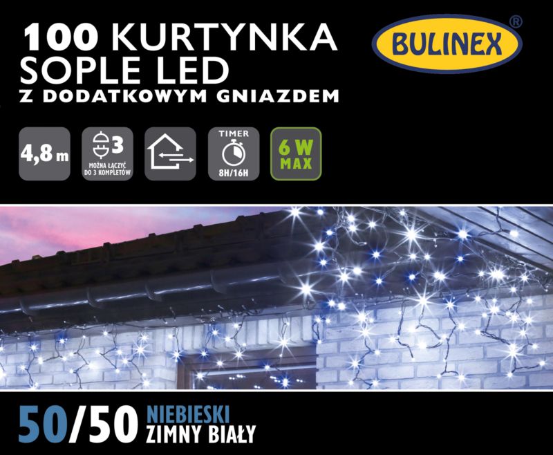 Kurtyna 100 LED Bulinex 4,8 m z sople dodatkowym gniazdem zimne białe / niebieskie