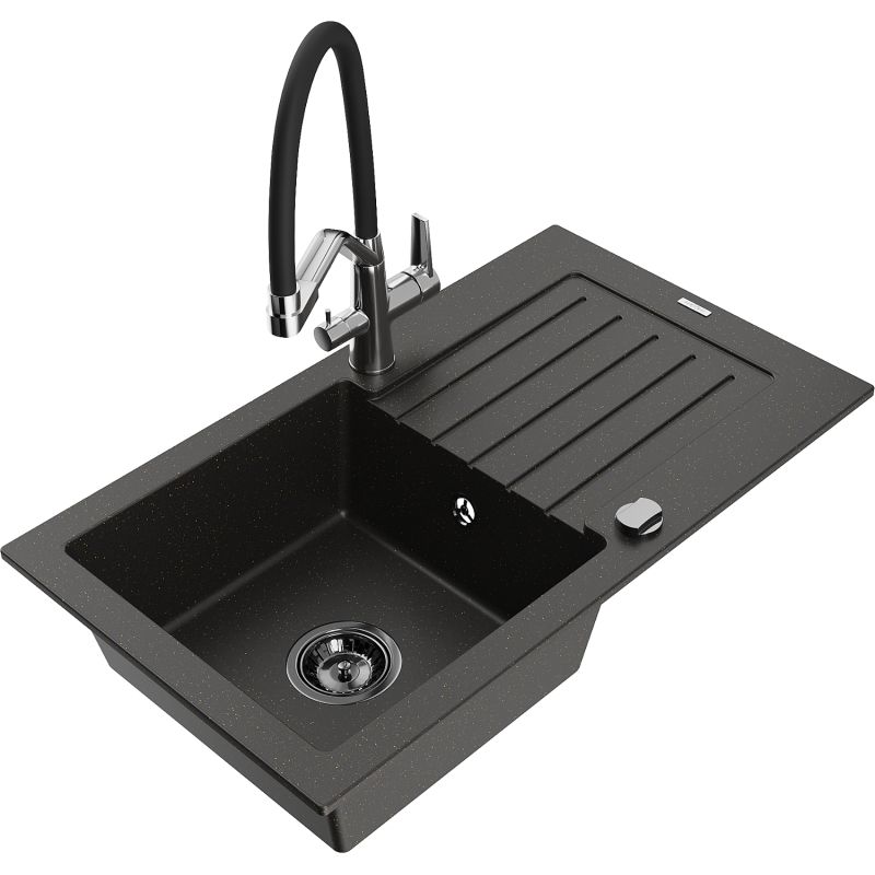 Zlewozmywak granitowy 1-komorowy Mexen Pablo z ociekaczem i baterią kuchenną Duo czarny/złoty metalik 6510-75-671701-07-B