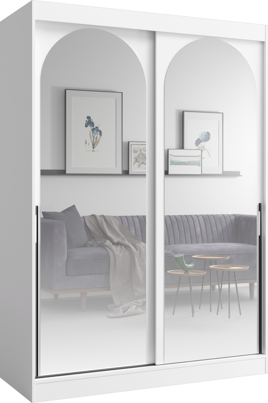 Biała szafa przesuwna do sypialni z dwoma lustrami biała 150 cm drzwi przesuwne czarne uchwyty MORIN