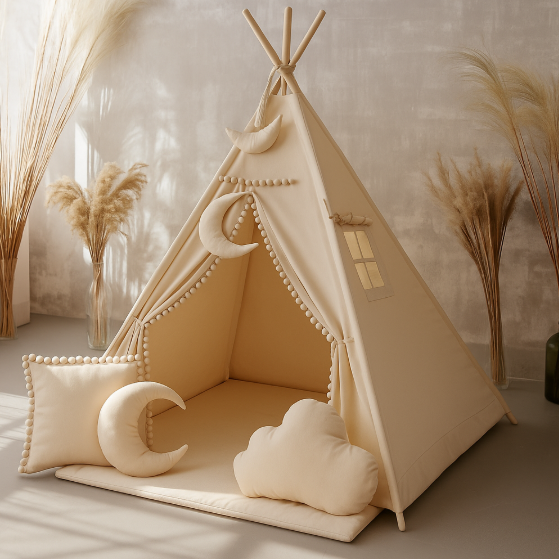 Zestaw namiot tipi beżowy z pomponami i matą + poduszki al