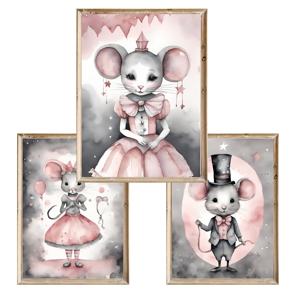 Zestaw trzech plakatów dla dzieci Pink Mouses - A3