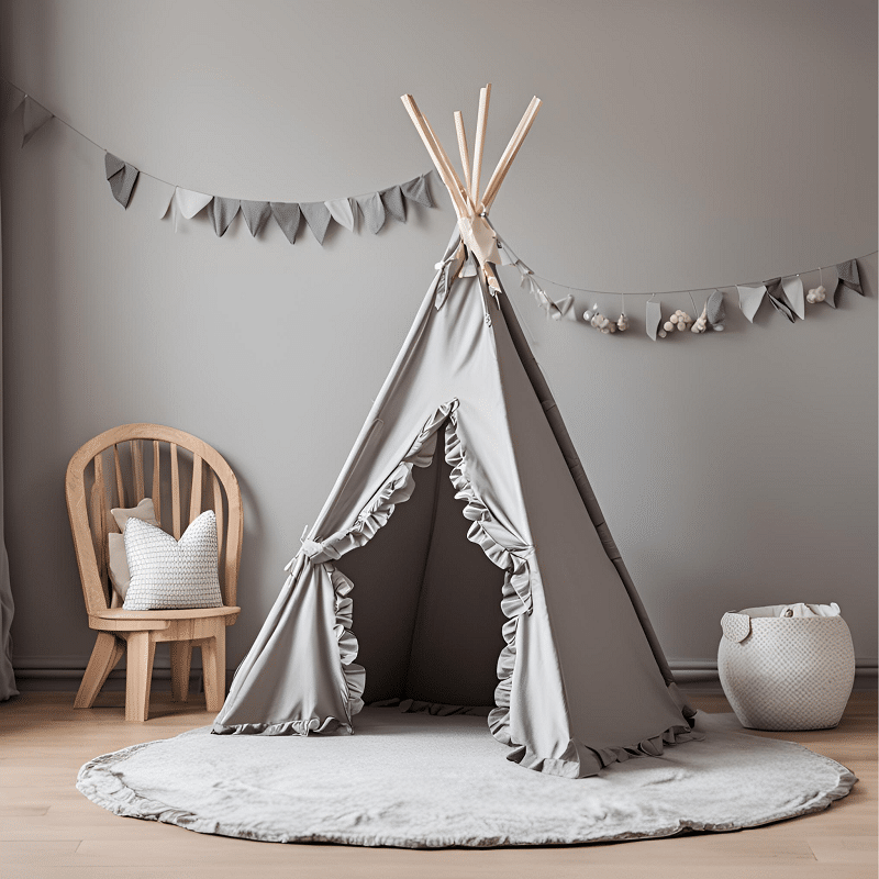 Namiot tipi szary z falbankami i matą