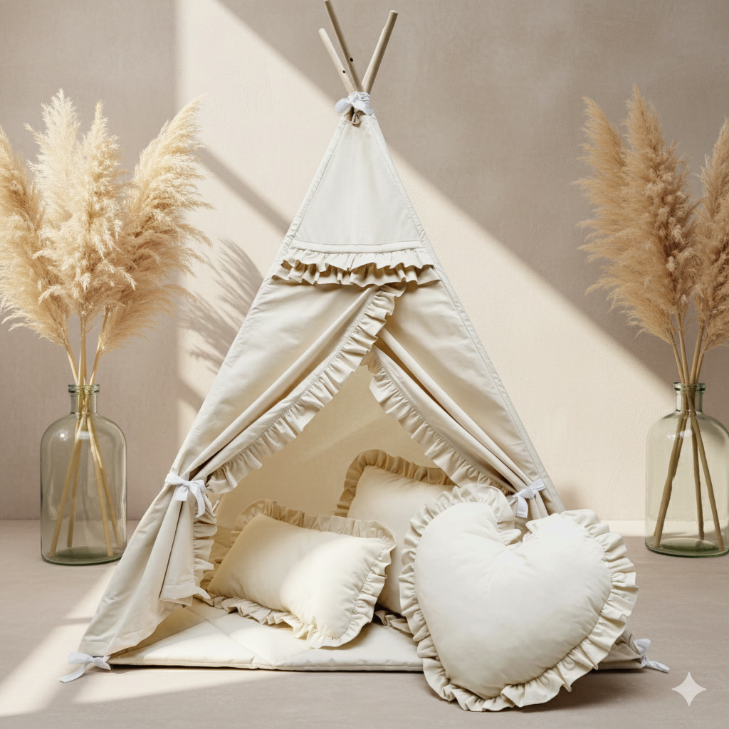 Zestaw namiot tipi premium z falbankami i poduszkami - piaskowy beż al