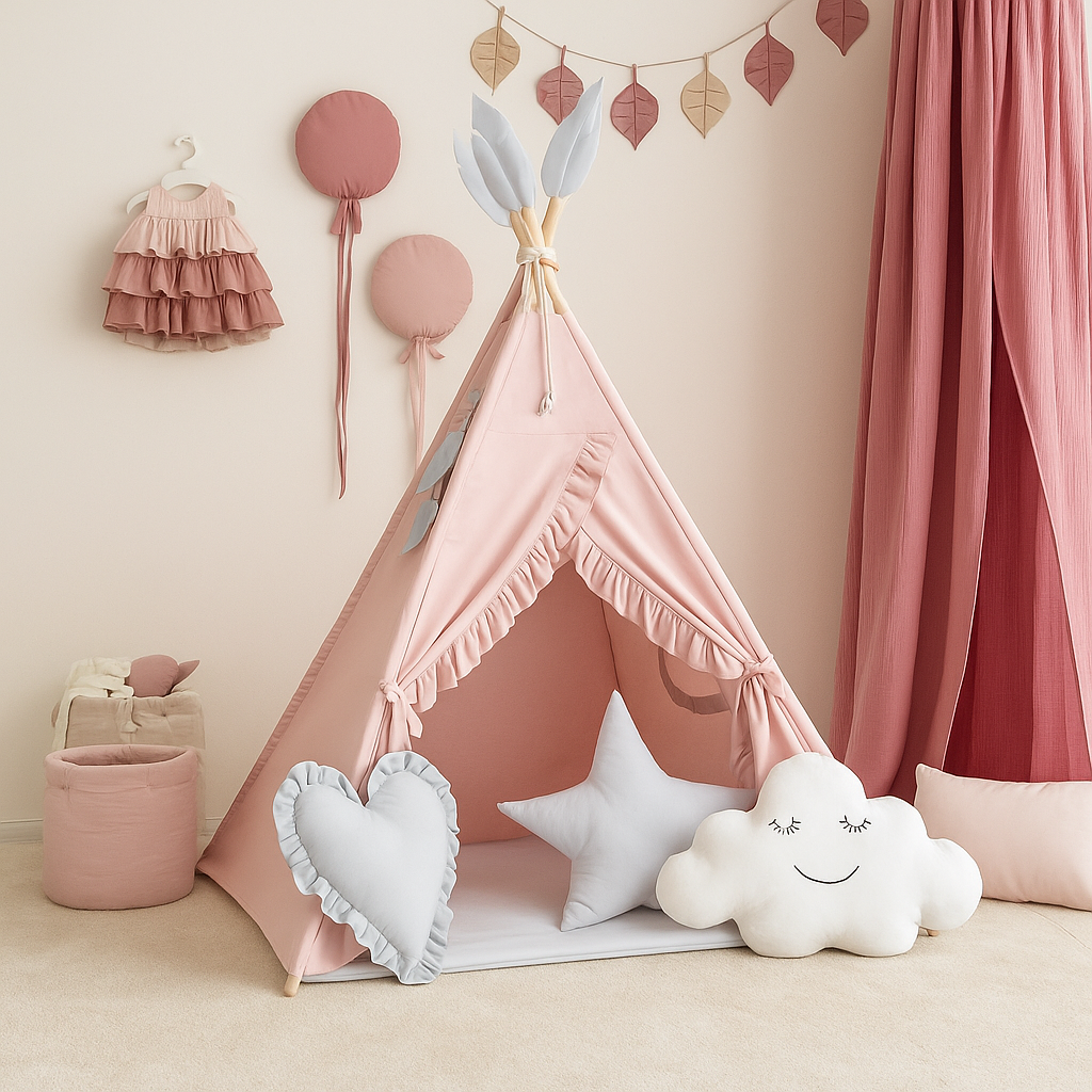 Namiot tipi pudrowy róż wigwam z falbankami i piórkami BR