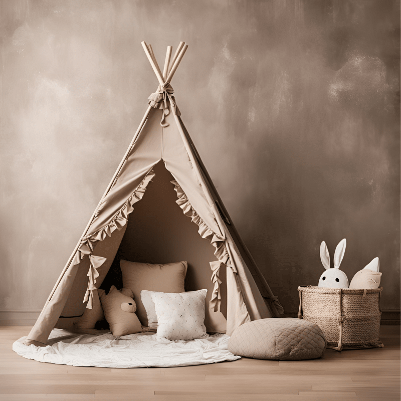 Namiot tipi beżowy z falbankami i matą