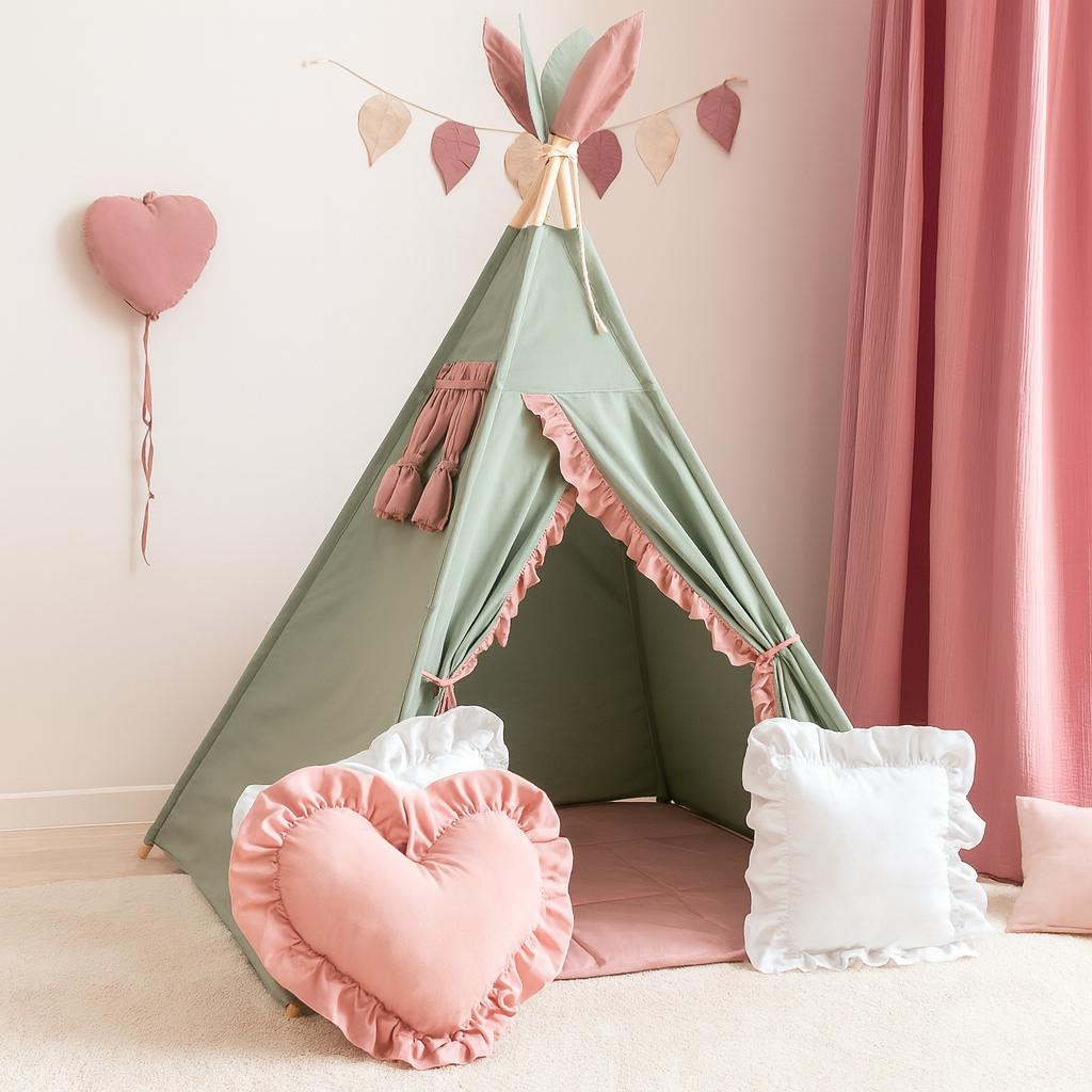 Namiot tipi pudrowo szałowiowy wigwam z różowymi falbankami BR