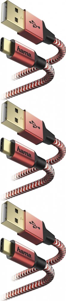 3x Kabel ładujący Hama Reflected USB Type-C - USB-A, 1.5m, czerwony