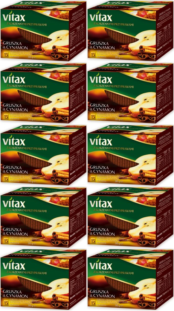 10x Herbata owocowo-ziołowa w kopertach Vitax z korzennymi przyprawami, gruszka i cynamon, 15 sztuk x 2g