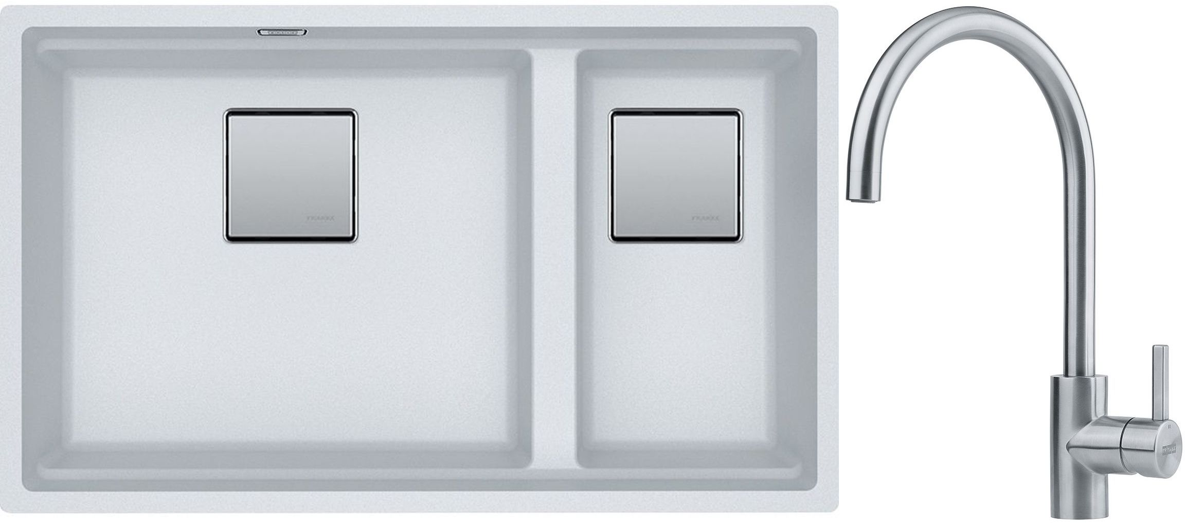 Franke Kanon KNG 120 zlewozmywak 76x46 cm Fragranite biały polarny z baterią kuchenną Eos Neo stal szlachetna (1250528638, 1150590044)