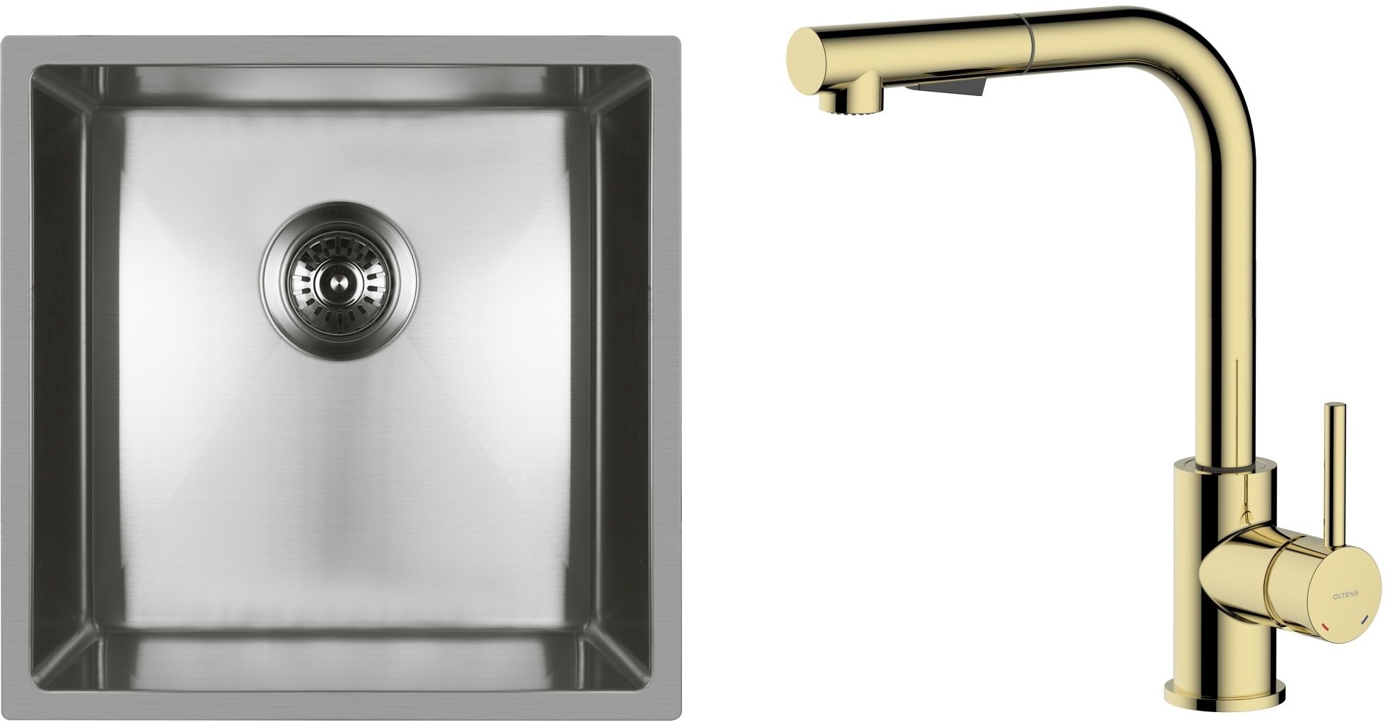 Zestaw Oltens Stalvask zlewozmywak stalowy 44x44 cm z baterią kuchenną Myvat stal polerowana/złoty połysk (71100100, 35205800) - Wysyłka w 24h