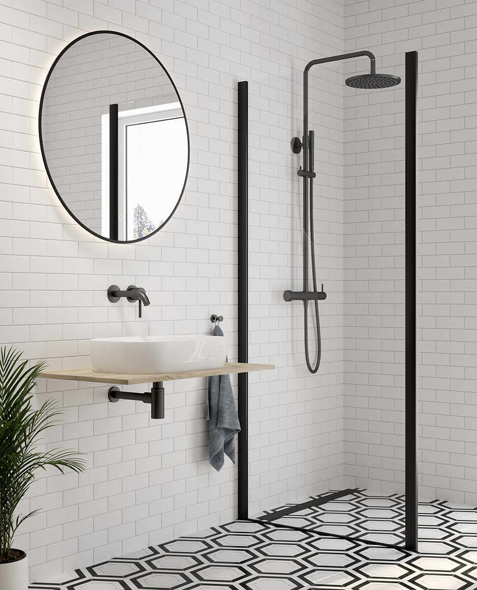 Oltens Breda ścianka prysznicowa 90 cm czarny mat/szkło przezroczyste 22105300 - Wysyłka w 24h