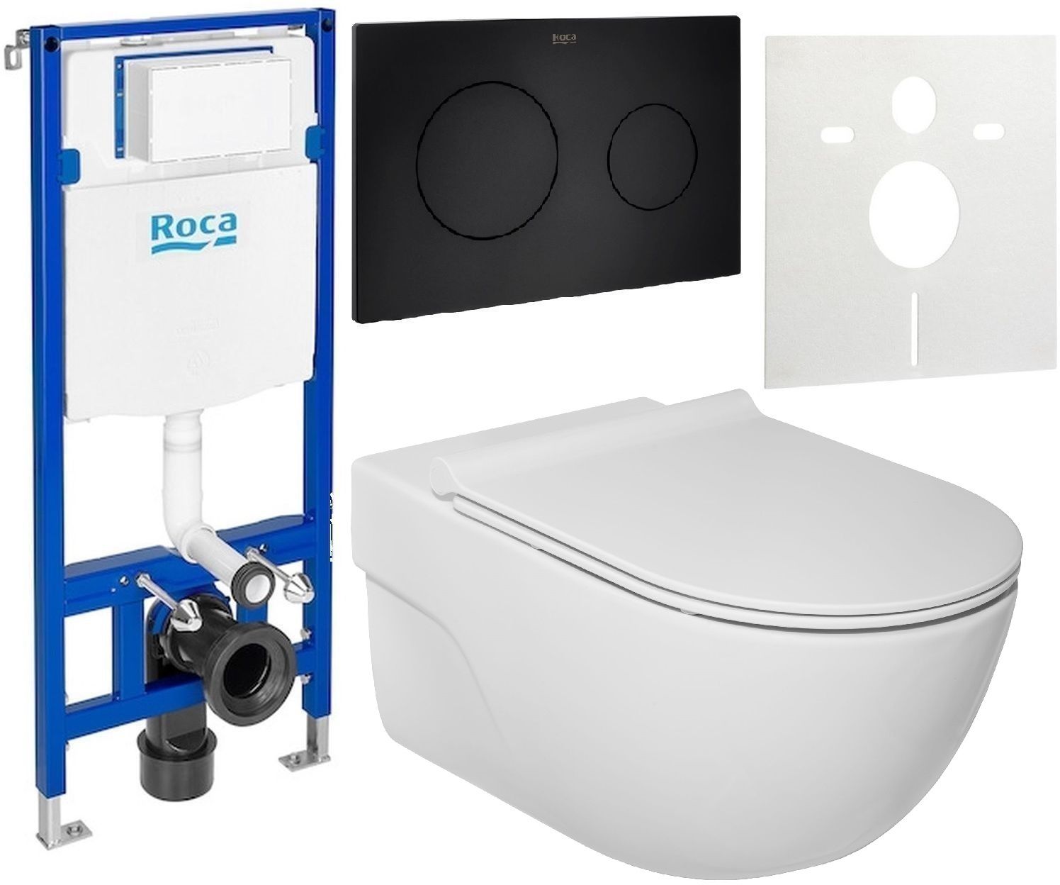 Zestaw Roca Meridian miska WC wisząca Rimless z deską sedesową wolnoopadającą i stelaż podtynkowy Duplo One z przyciskiem ... - Wysyłka w 24h