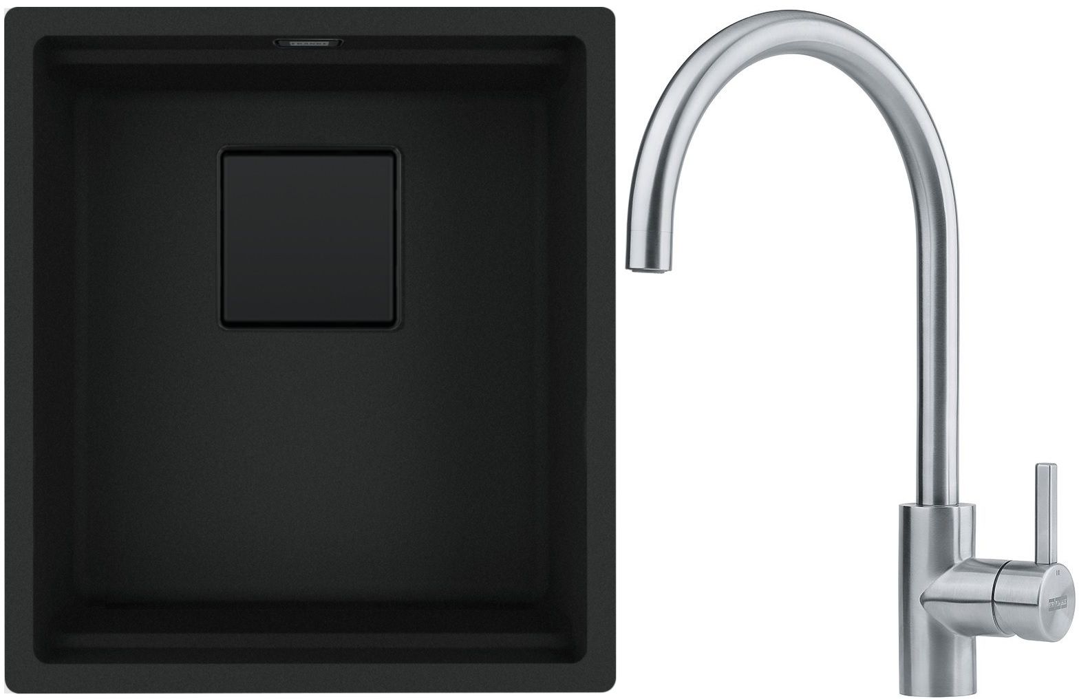 Franke Kanon KNG 110-37 zlewozmywak granitowy 46x41 cm czarny mat z baterią kuchenną Eos Neo stal szlachetna (1250721149, 1150590044)