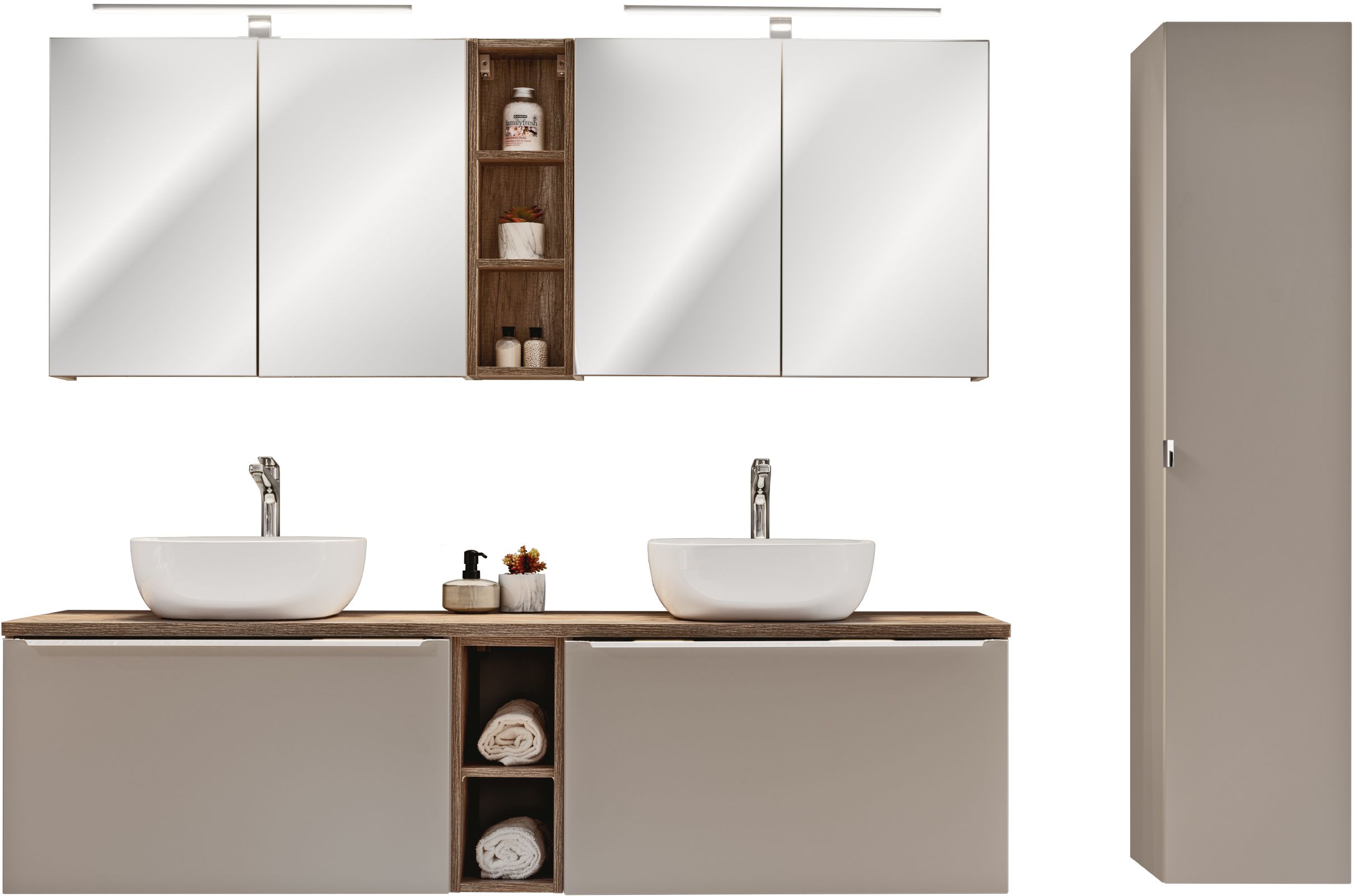 Zestaw Comad Santa Fe Taupe szafki 80 cm i 80 cm wiszące z blatem meblowym, umywalki Smile 41x41 cm, szafki boczne i szafka lustrzana ...