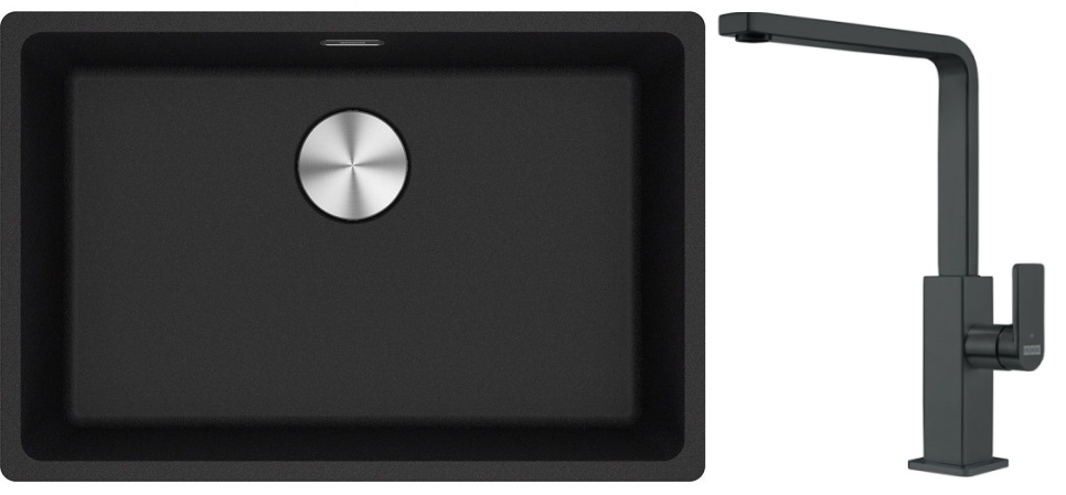 Franke Maris MRG 110-62 zlewozmywak 62x40 cm Fragranite onyx z baterią kuchenną Mythos czarna stal szlachetna (1250687257, 1150550441)
