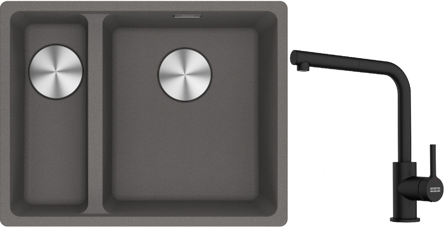 Franke Maris MRG 160-34-15SBL zlewozmywak 52x40 cm Fragranite kamienny szary z baterią kuchenną Lina czarny mat (1250687270, 1150712435)