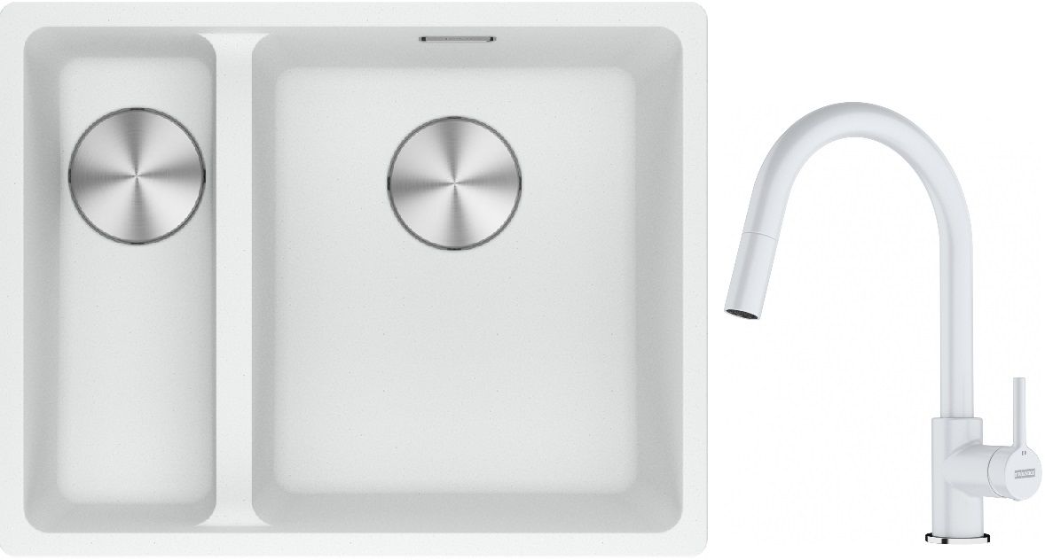 Franke Maris MRG 160-34-15SBL zlewozmywak 52x40 cm Fragranite biały polarny z baterią kuchenną Lina biały polarny (1250687271, ...