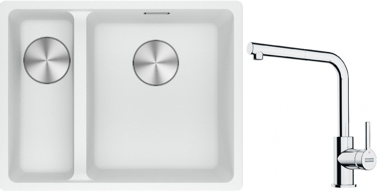 Franke Maris MRG 160-34-15SBL zlewozmywak 52x40 cm Fragranite biały polarny z baterią kuchenną Lina chrom (1250687271, 1150712420)