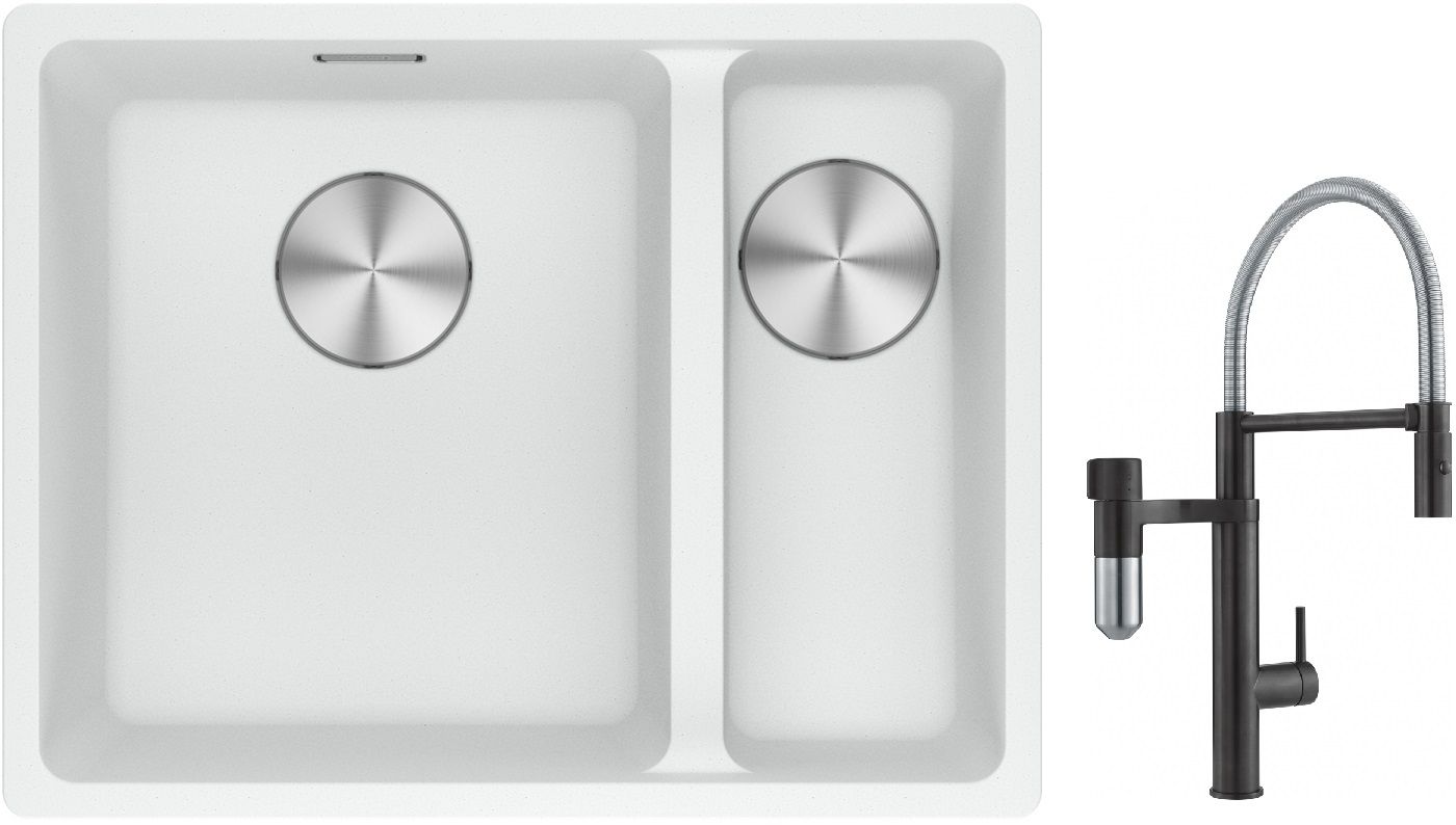 Franke Maris MRG 160-34-15SBR zlewozmywak 52x40 cm Fragranite biały polarny z baterią kuchenną Vital Semi-Pro czarny mat/stal ...