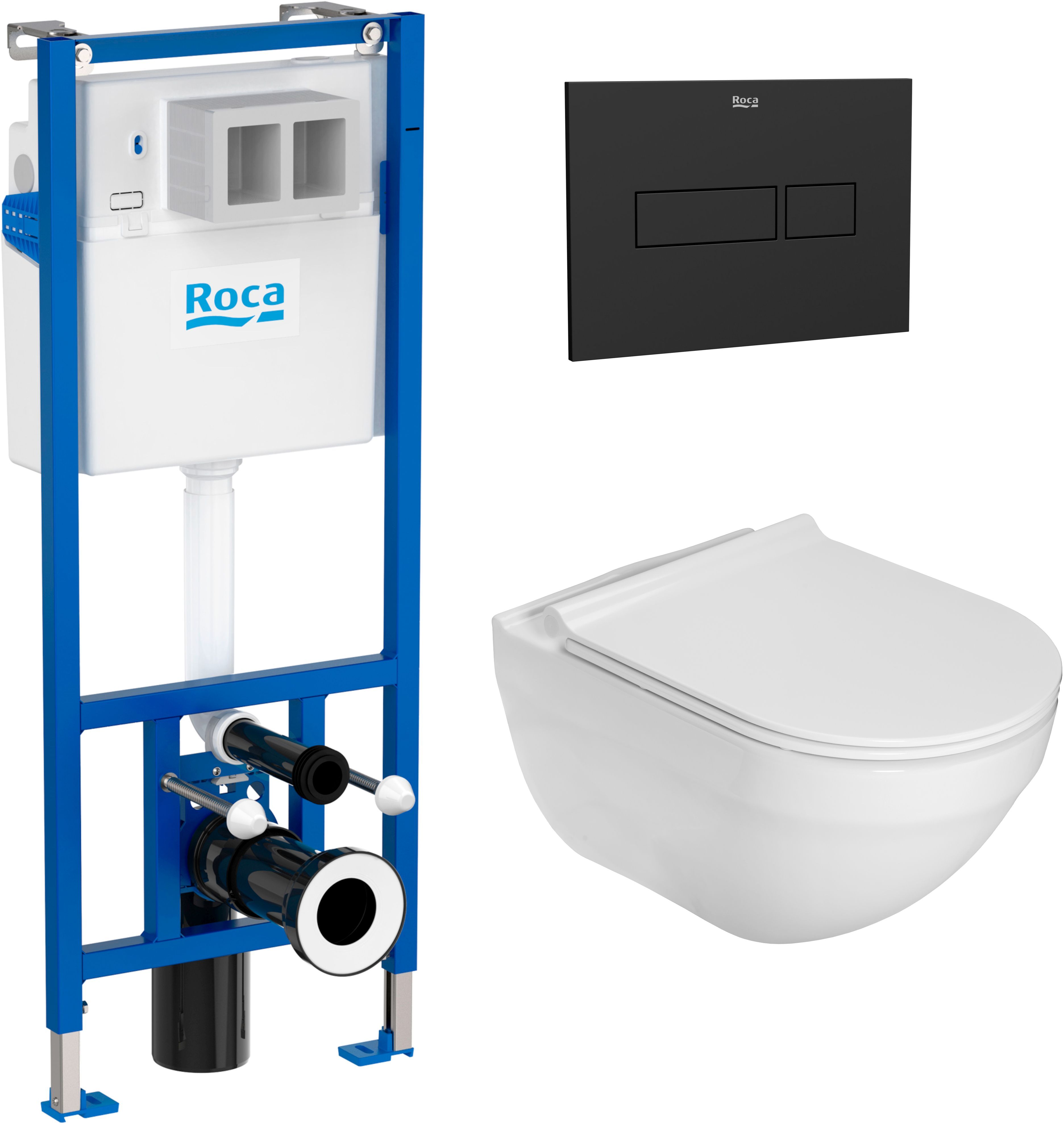 Zestaw Roca Hebe miska WC wisząca Rimless z deską sedesową wolnoopadającą i stelaż podtynkowy Duplo Nova z przyciskiem spłukującym ... - Wysyłka w 24h