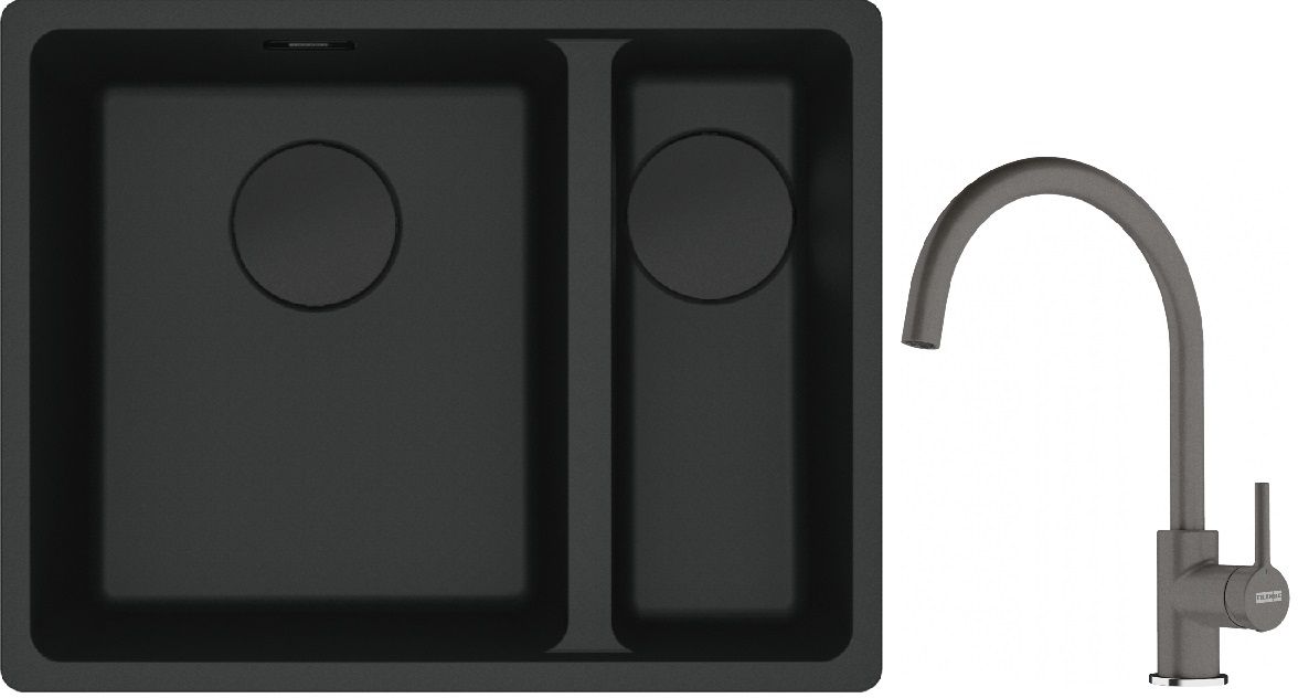 Franke Maris MRG 160-34-15SBR zlewozmywak 52x40 cm Fragranite czarny mat z baterią kuchenną Lina kamienny szary (1250697755, 1150626022)