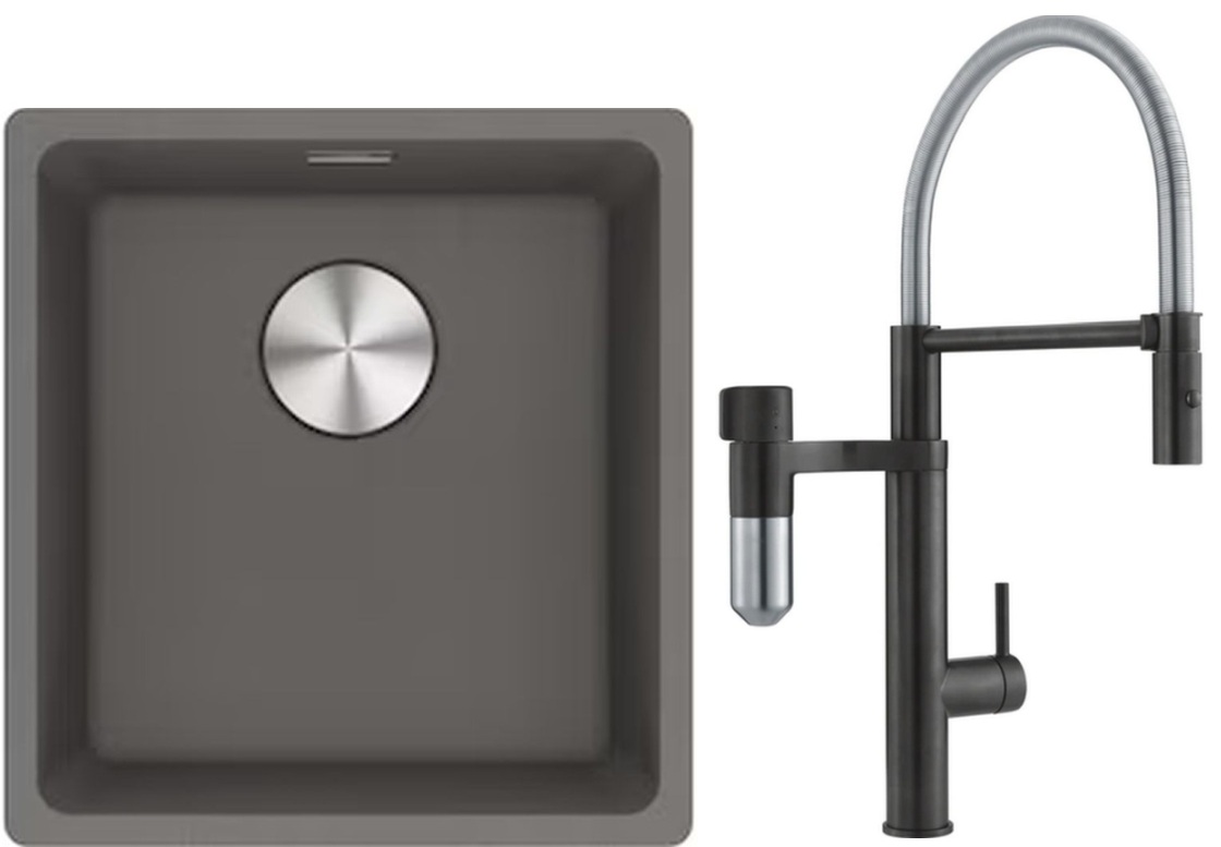 Franke Maris MRG 110-37 zlewozmywak 40x37 cm Fragranite kamienny szary z baterią kuchenną Vital Semi-Pro czarny mat/stal (1250687250, ...