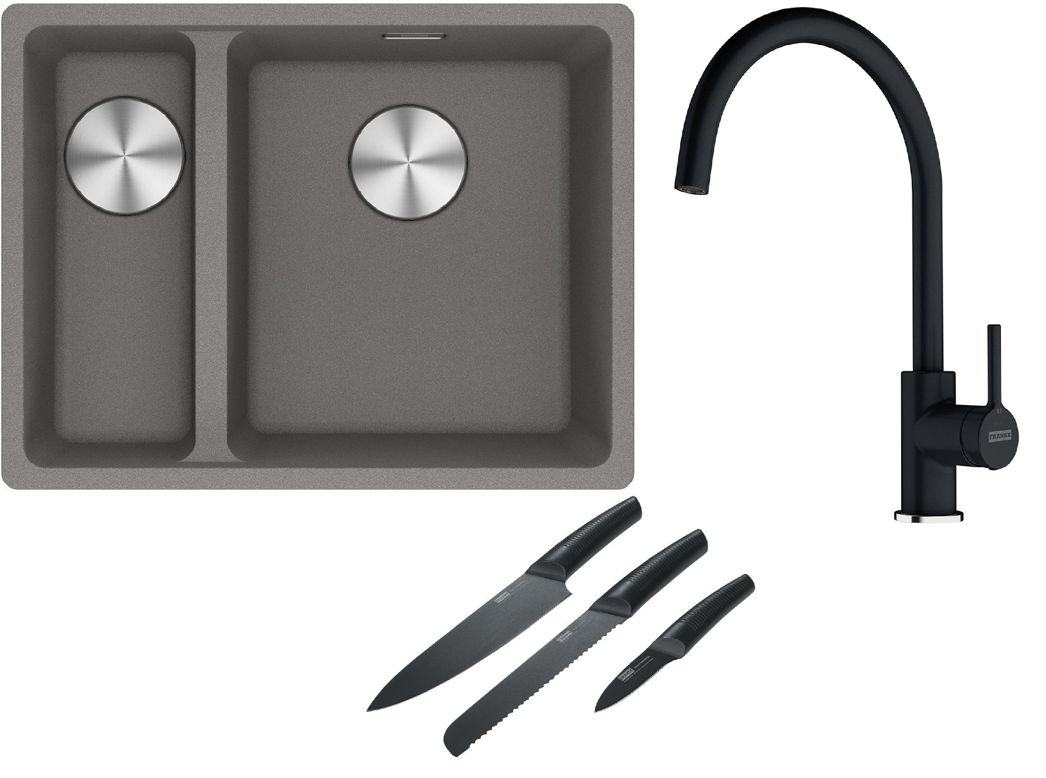 Franke Maris MRG 160-34-15SBL zlewozmywak 52x40 cm Fragranite kamienny szary z baterią kuchenną Lina onyx (1250687270, 1150626020)