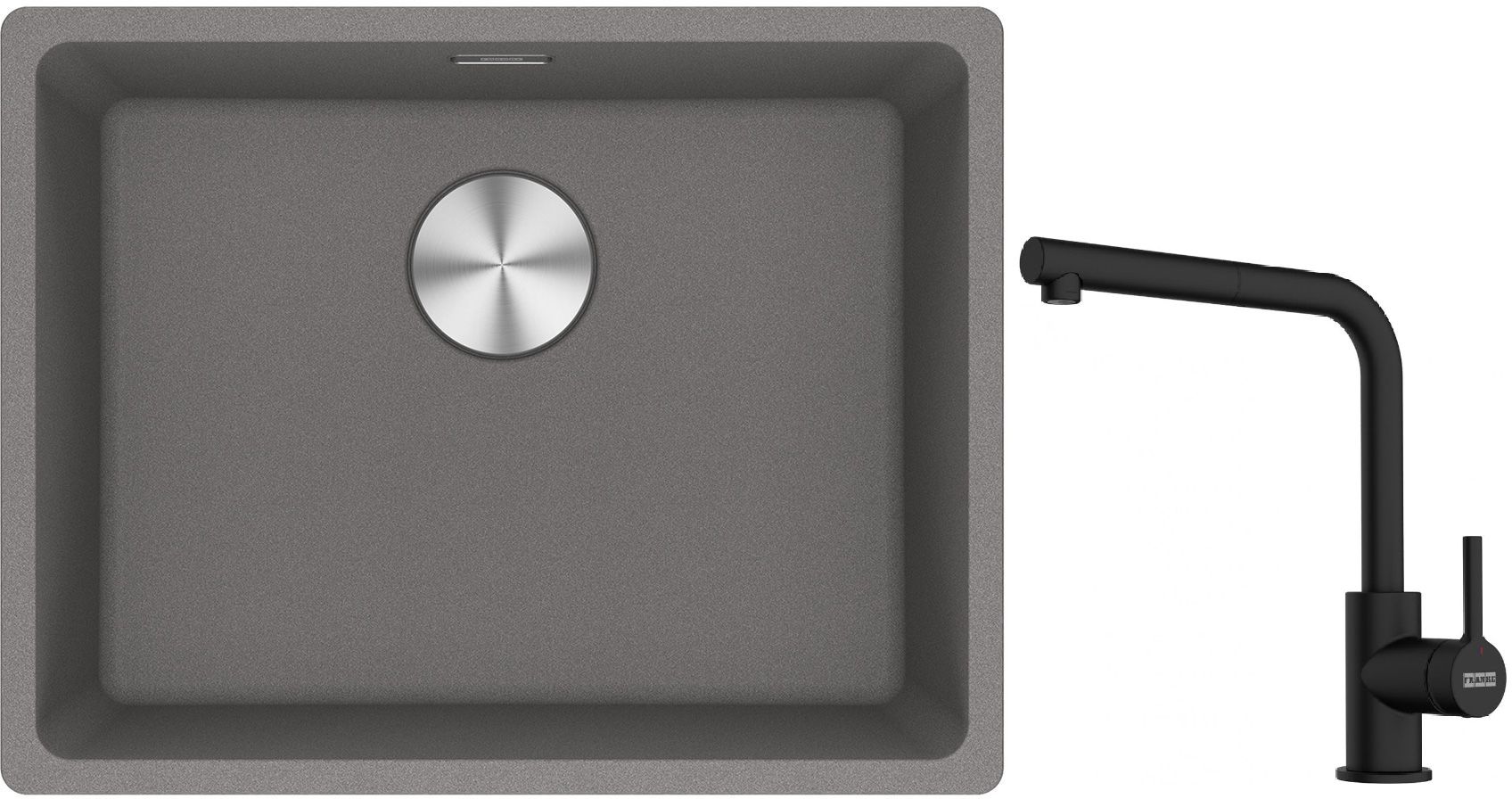 Franke Maris MRG 110-52 zlewozmywak 55x43 cm Fragranite kamienny szary z baterią kuchenną Lina czarny mat (1250687254, 1150712435)