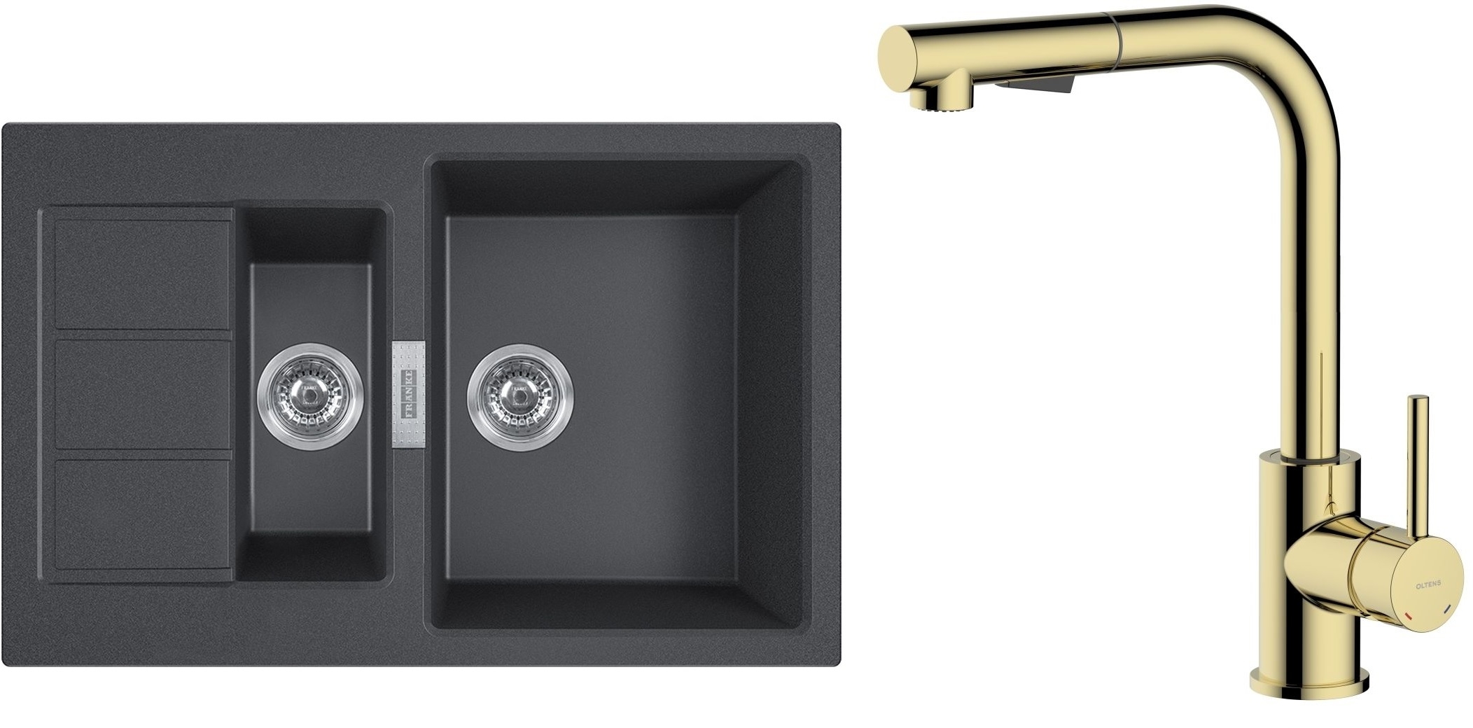 Zestaw Franke Sirius 2.0 S2D 651-78 zlewozmywak 78x50 cm z baterią kuchenną Oltens Myvat onyx/złoty połysk (1430618687, 35205800) - Wysyłka w 24h