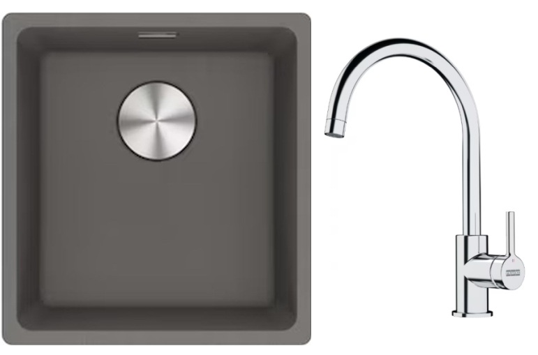 Franke Maris MRG 110-37 zlewozmywak 40x37 cm Fragranite kamienny szary z baterią kuchenną Lina chrom (1250687250, 1150693228)