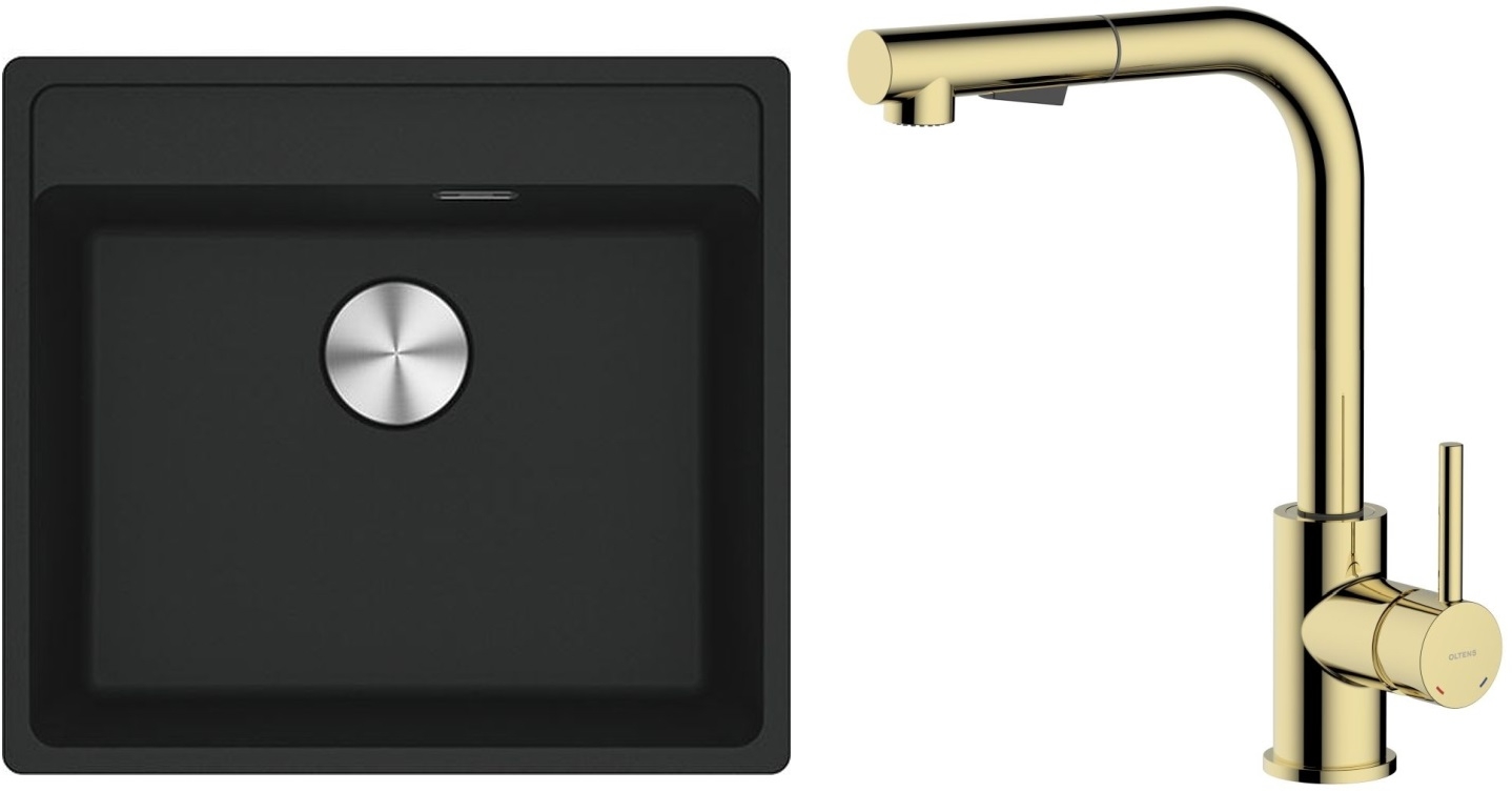 Zestaw Franke Maris MRG 610-52 zlewozmywak 51x56 cm z baterią kuchenną Oltens Myvat czarny mat/złoty połysk (1140661761, 35205800) - Wysyłka w 24h