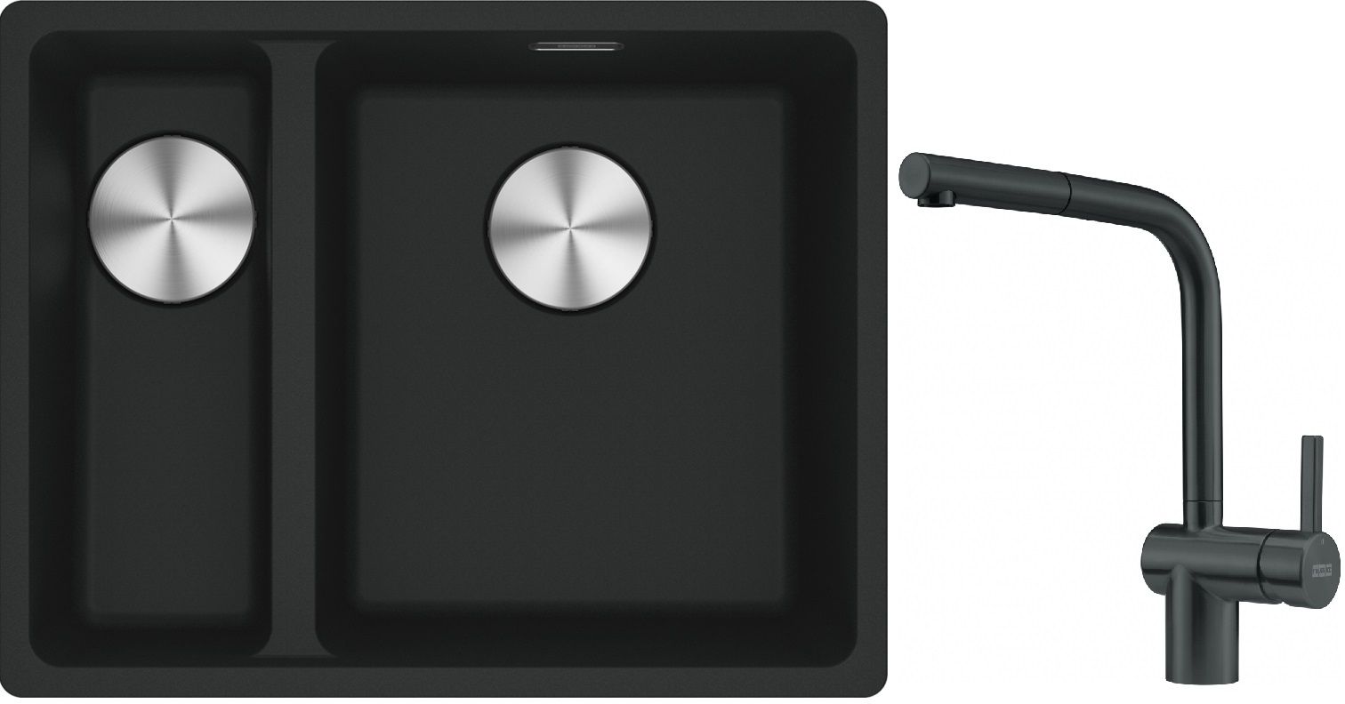 Franke Maris MRG 160-34-15SBL zlewozmywak 52x40 cm Fragranite czarny mat z baterią kuchenną Atlas czarna stal szlachetna (1250687268, ...