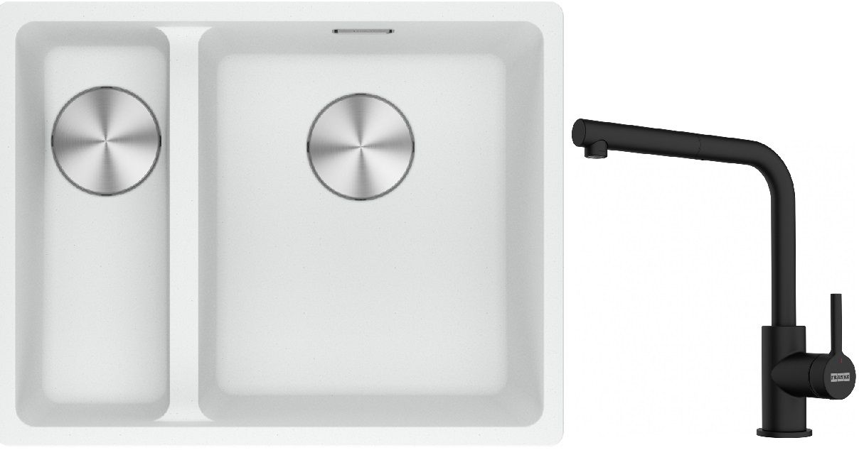 Franke Maris MRG 160-34-15SBL zlewozmywak 52x40 cm Fragranite biały polarny z baterią kuchenną Lina czarny mat (1250687271, 1150712435)
