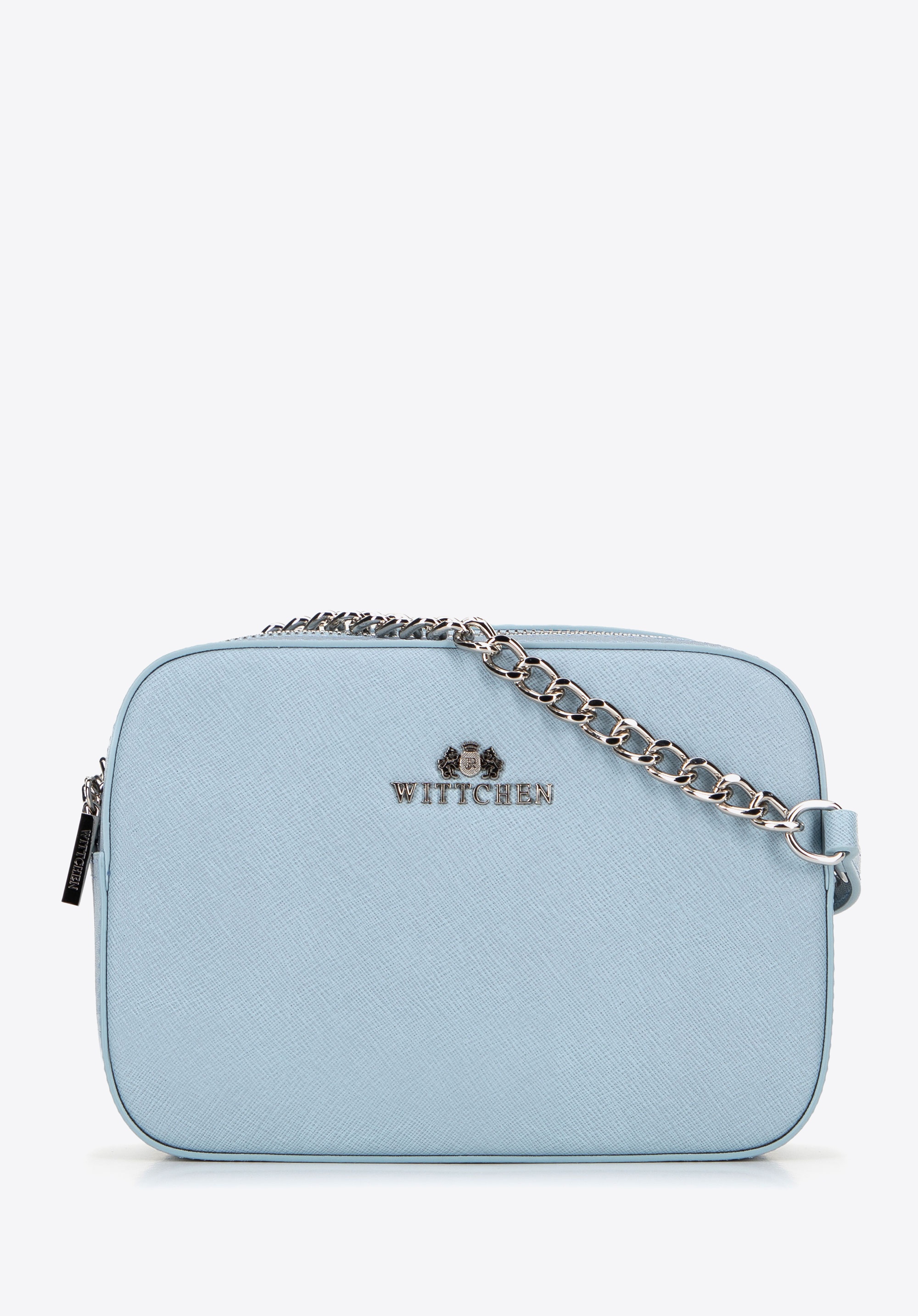 Damska listonoszka ze skóry saffiano pudełkowa na łańcuszku niebieska