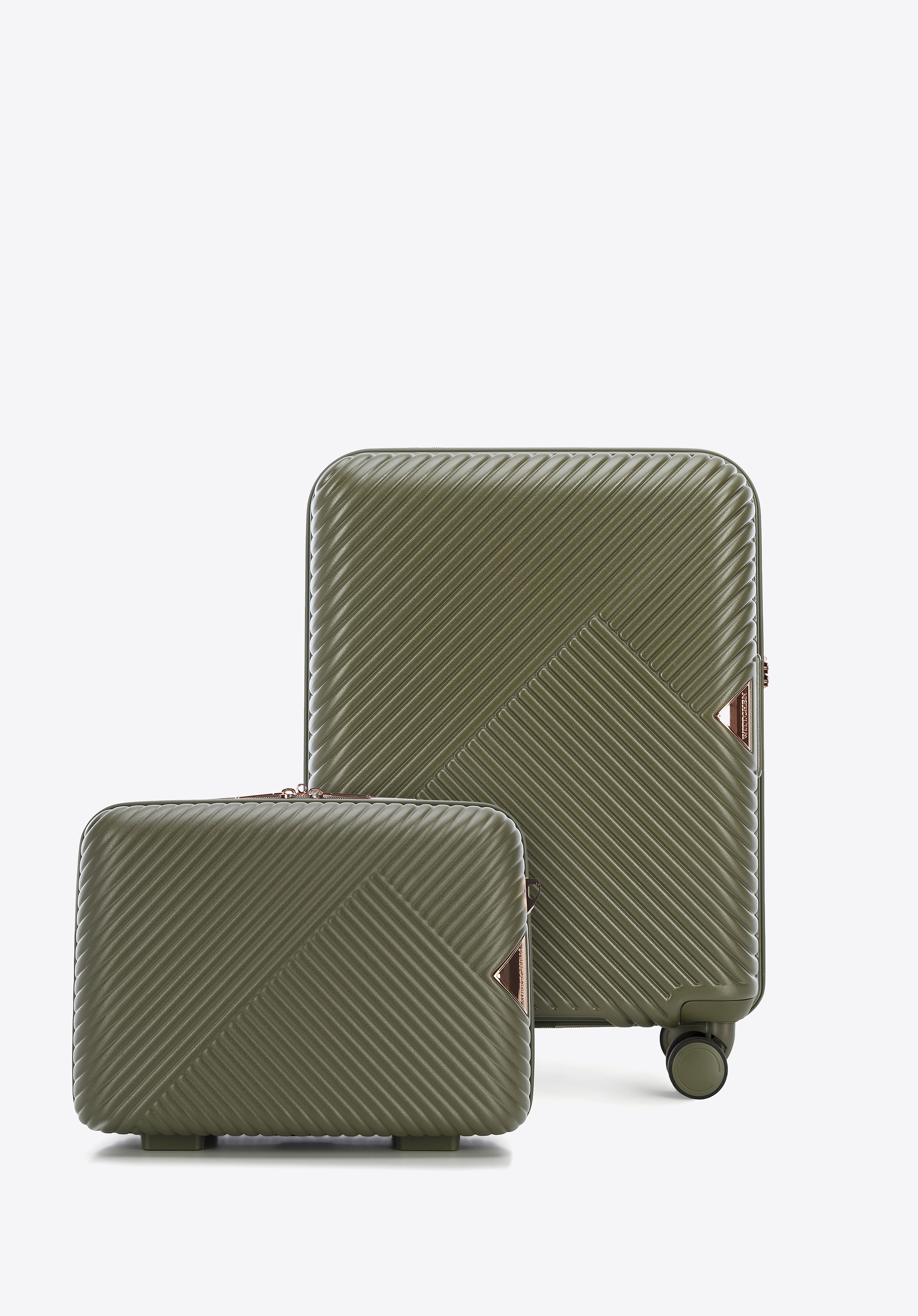 Walizka kabinowa i kosmetyczka z polikarbonu w paseczki oliwkowe