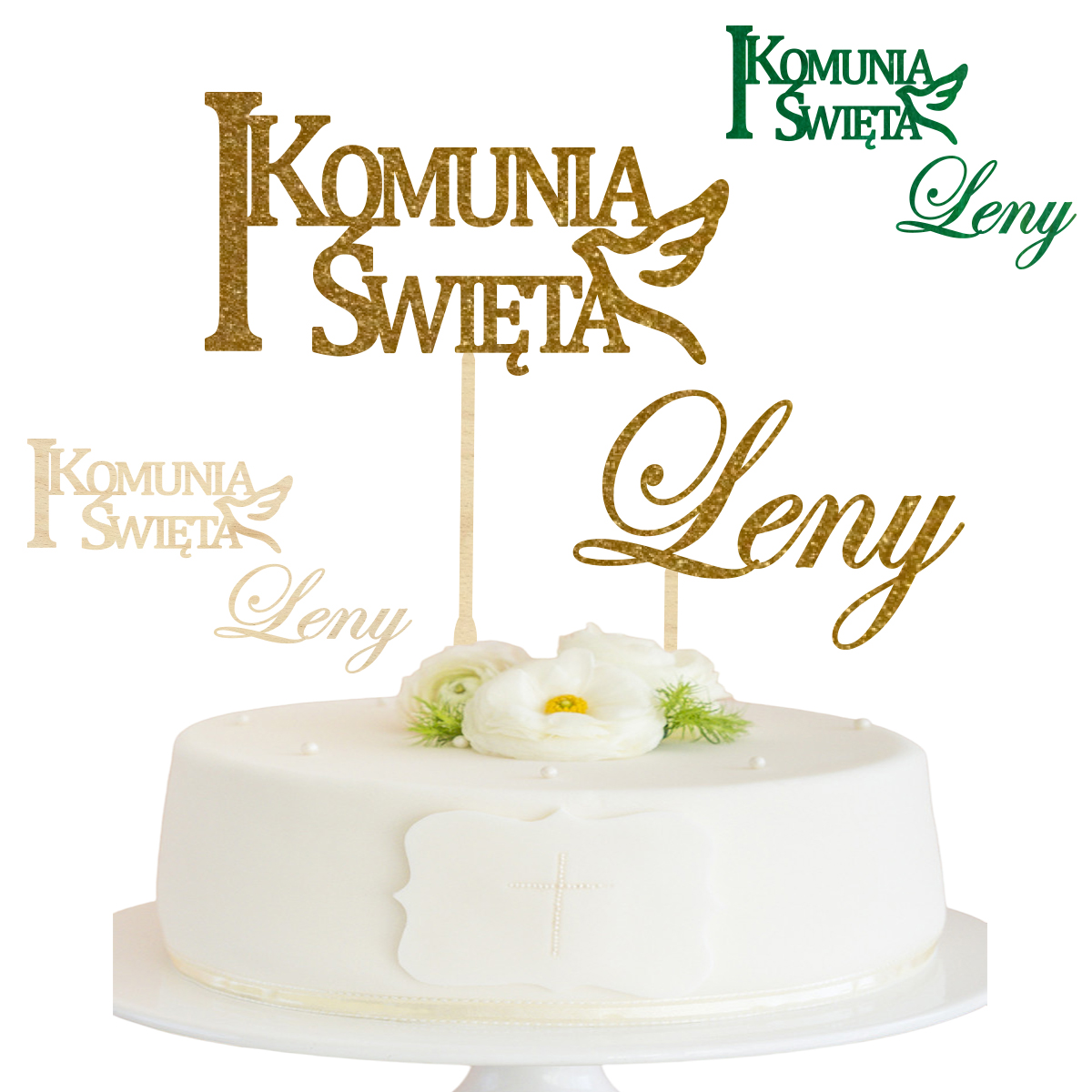 Topper na Komunię Świętą na bok tortu piker imię złoty zielony drewno boho gołąbek